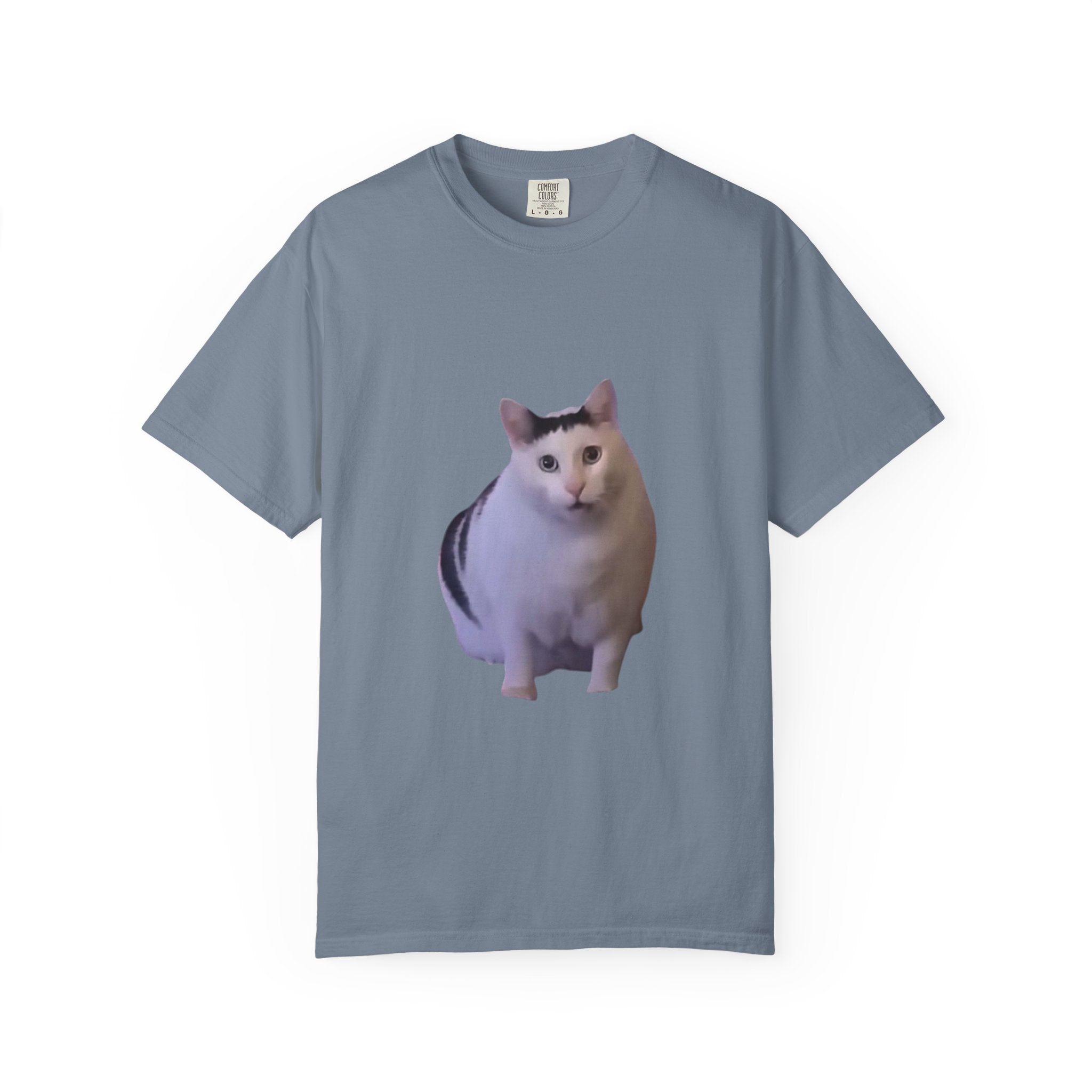 Gray t-shirt with a cat graphic on a white background