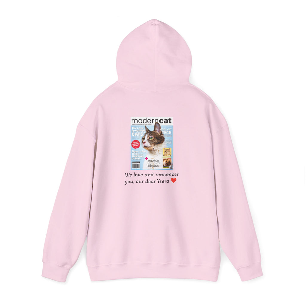 Pink hoodie with a magazine cover and text on the back, on a white background