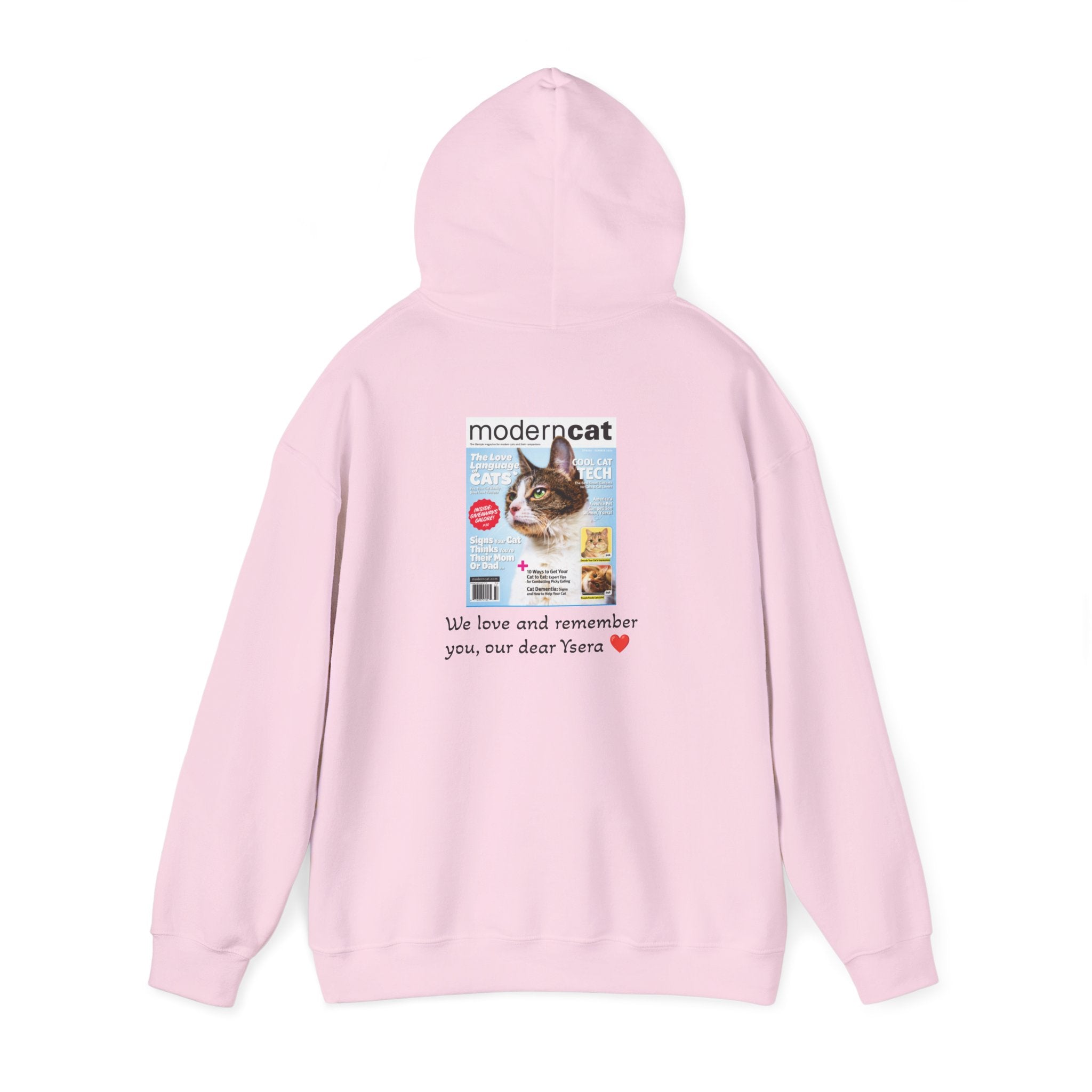 Pink hoodie with a magazine cover and text on the back, on a white background