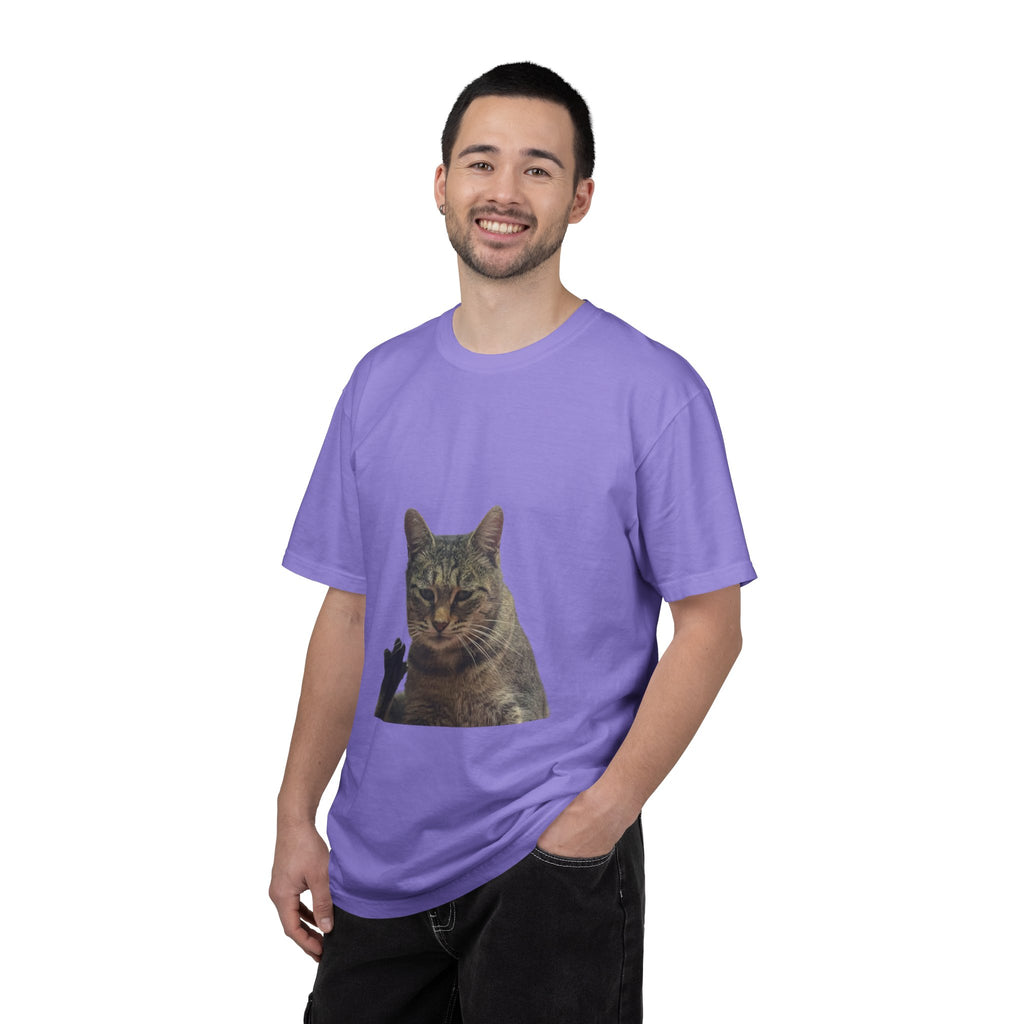 Man wearing a purple t-shirt with a cat graphic on a white background