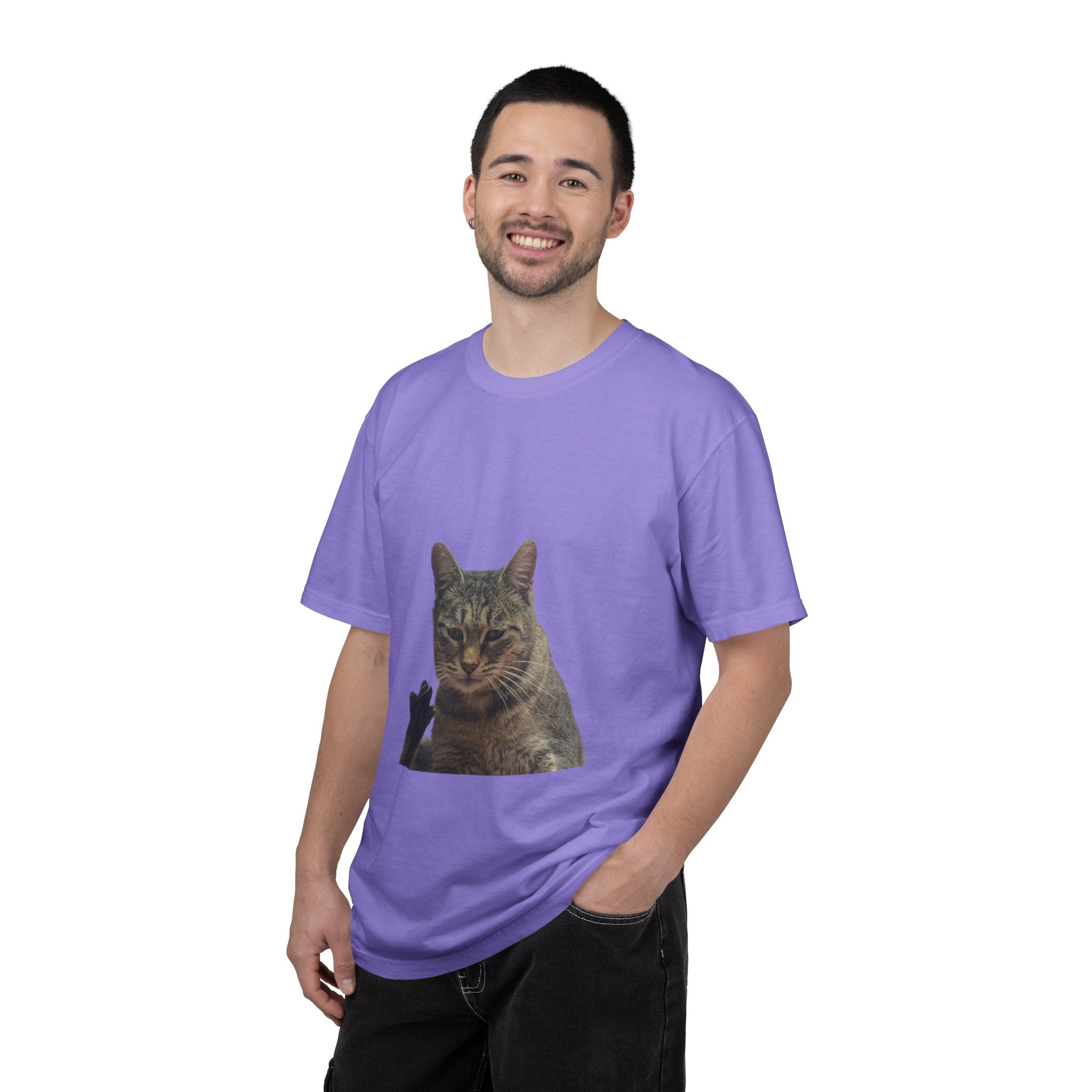 Man wearing a purple t-shirt with a cat graphic on a white background