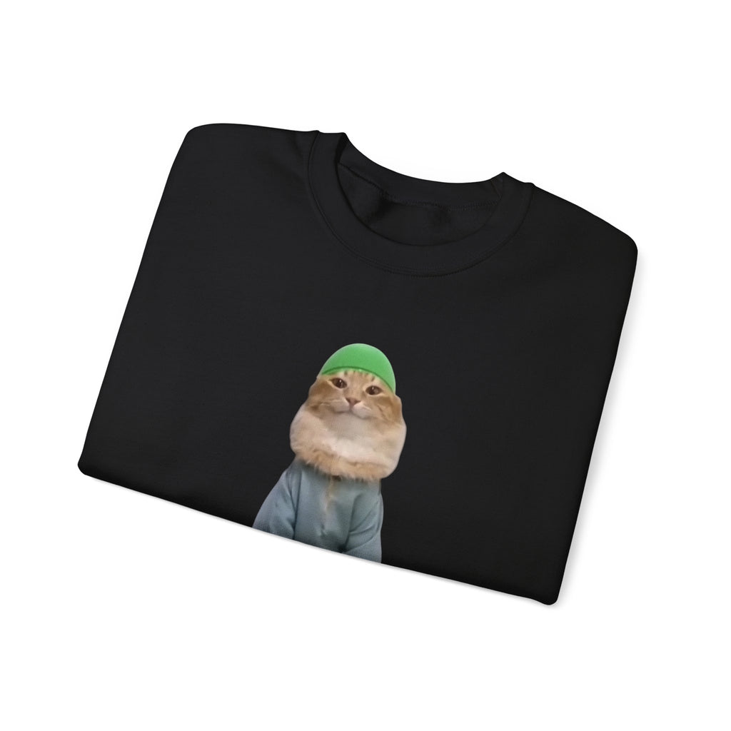 Black t-shirt with a cat wearing a green beanie design on a white background