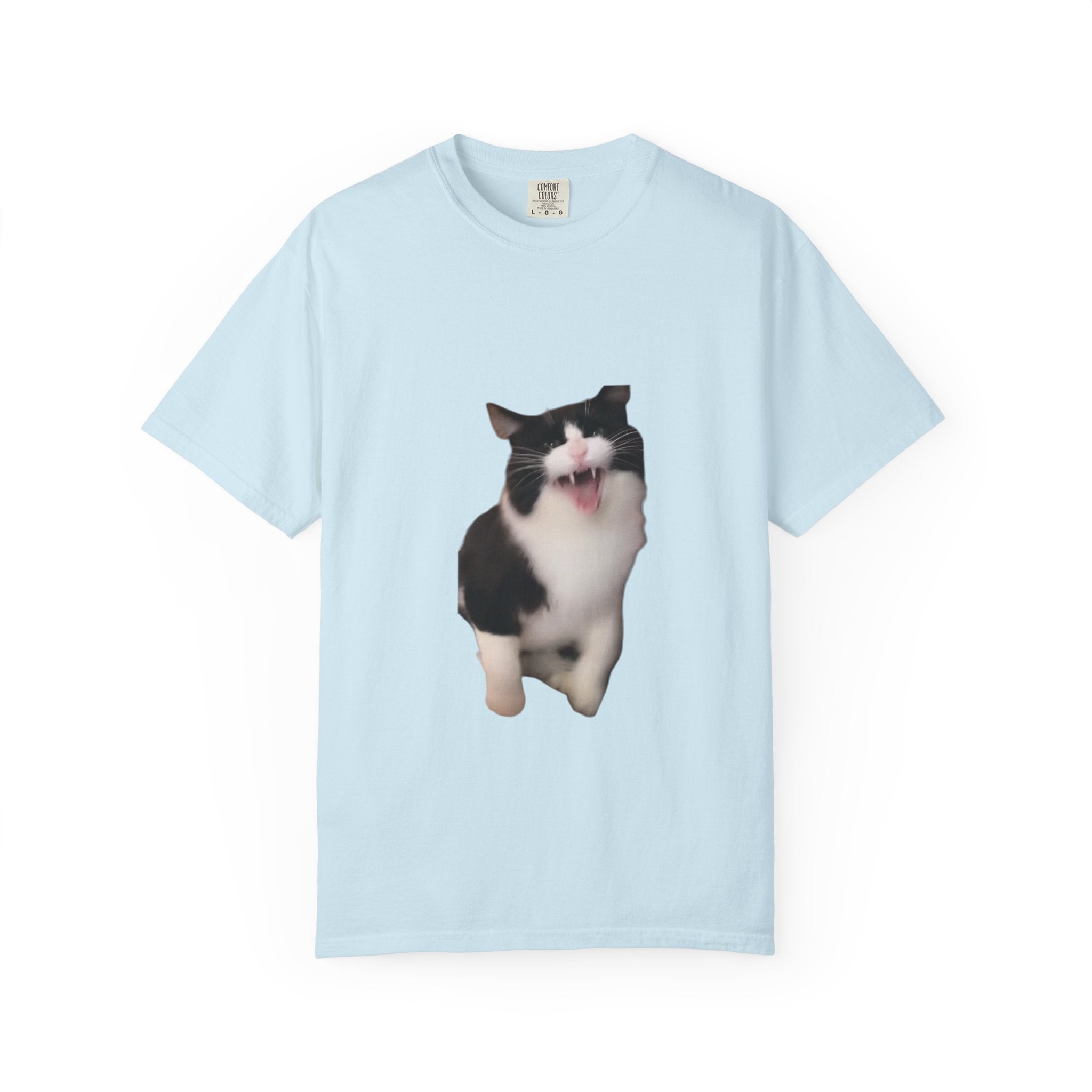 Light blue t-shirt with a printed cat design on a white background