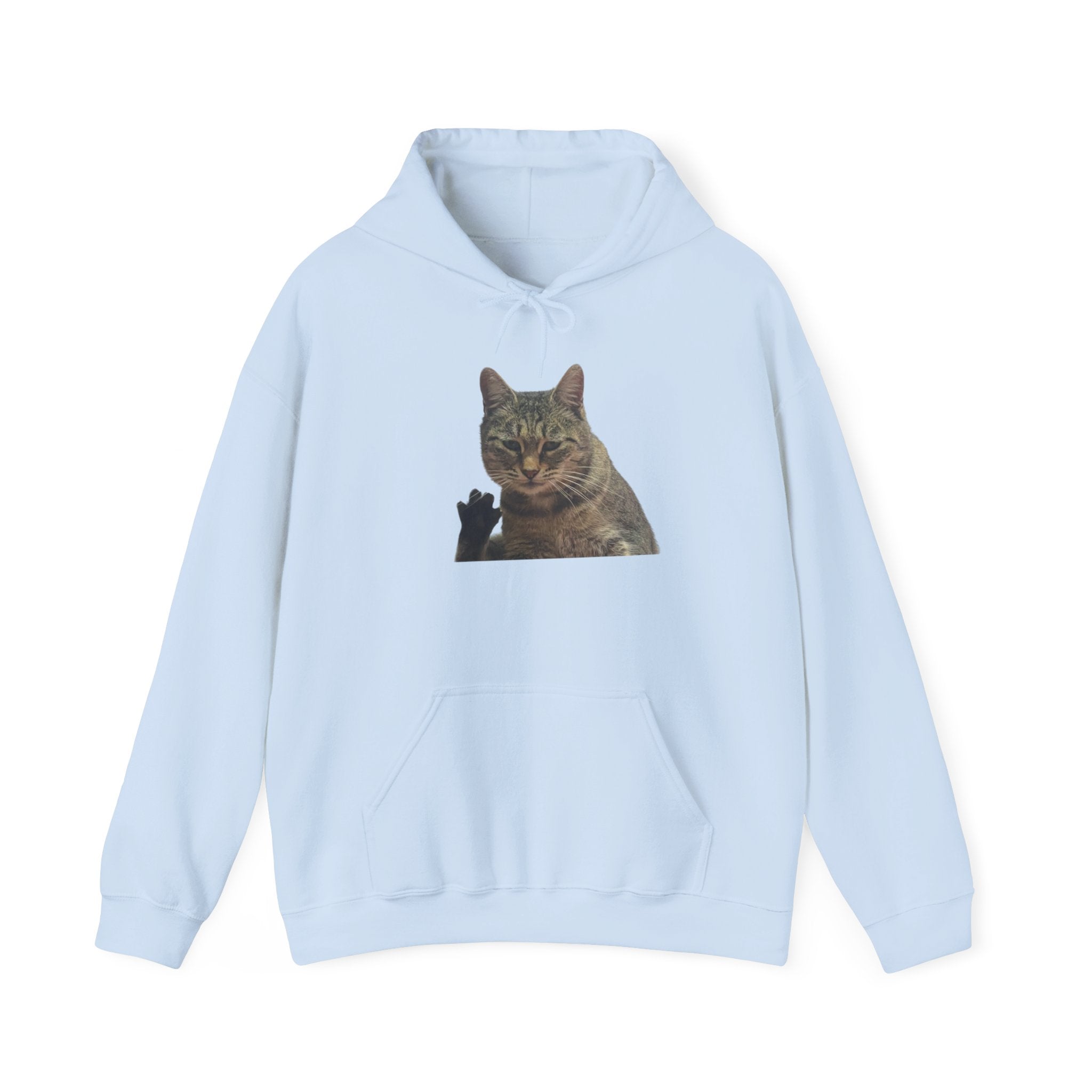 Light blue hoodie with a cat graphic on a white background