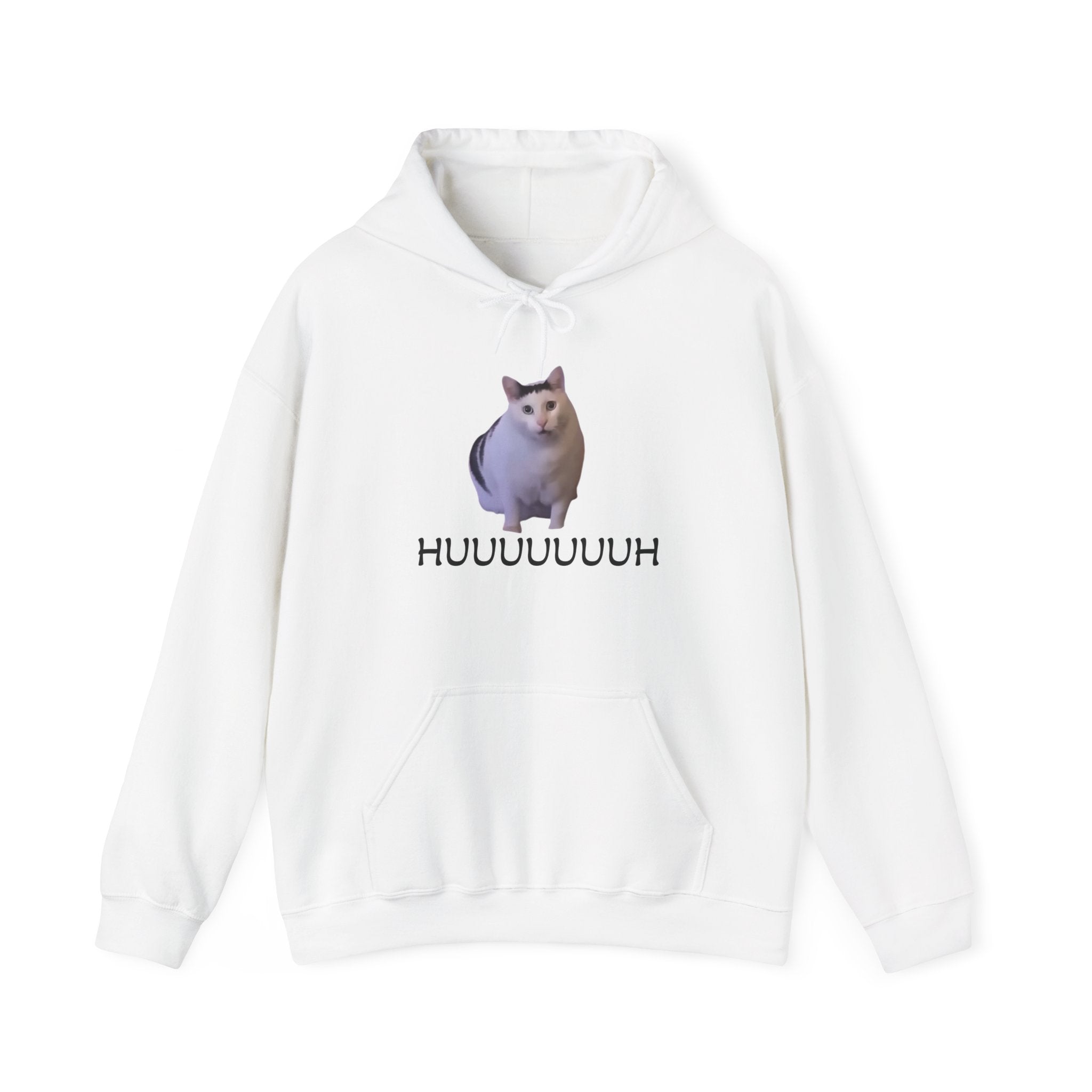 White hoodie with a cat graphic and text on a white background