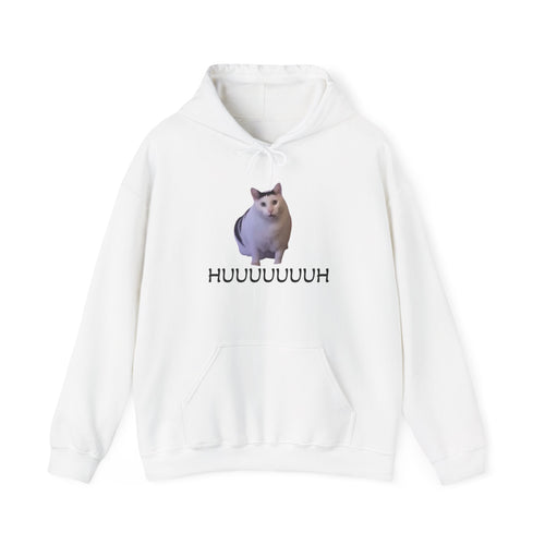 White hoodie with a cat graphic and text on a white background
