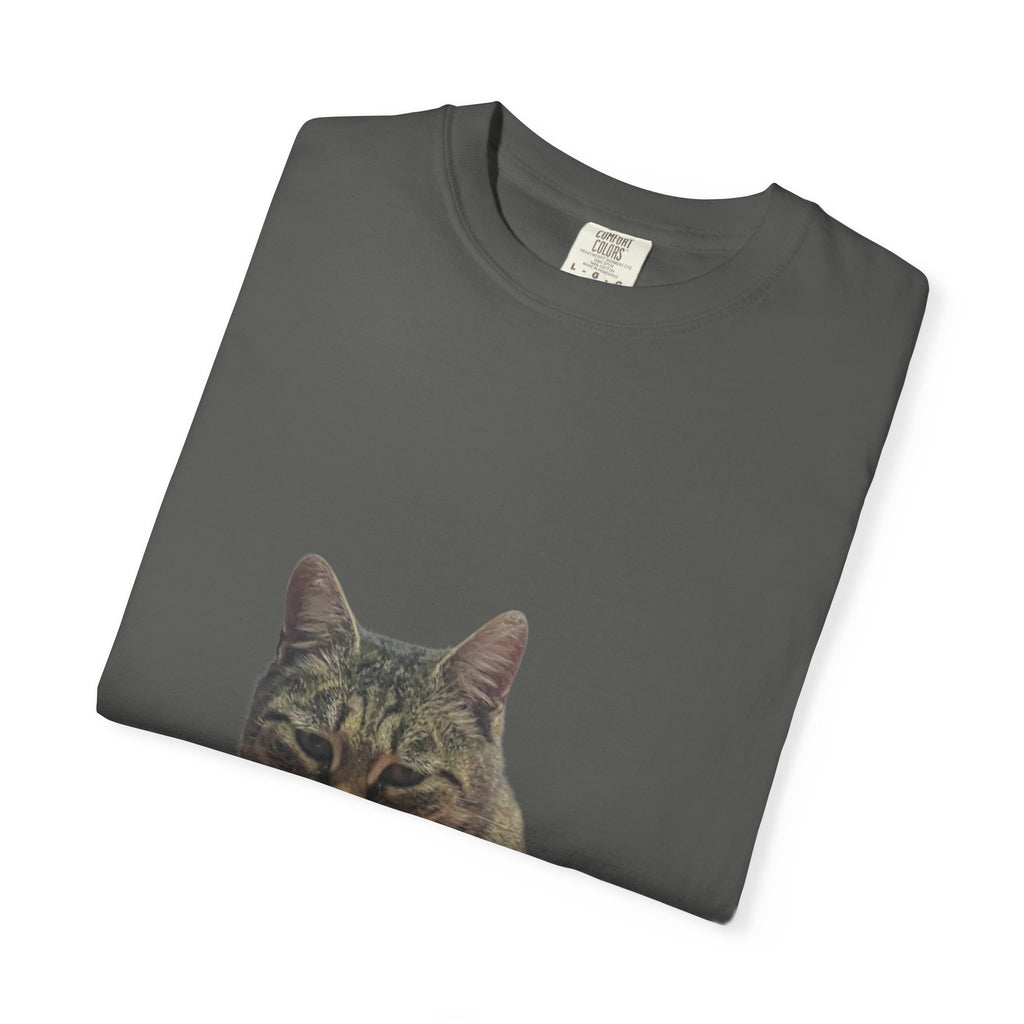 Folded dark gray t-shirt with a cat's face print on a white background