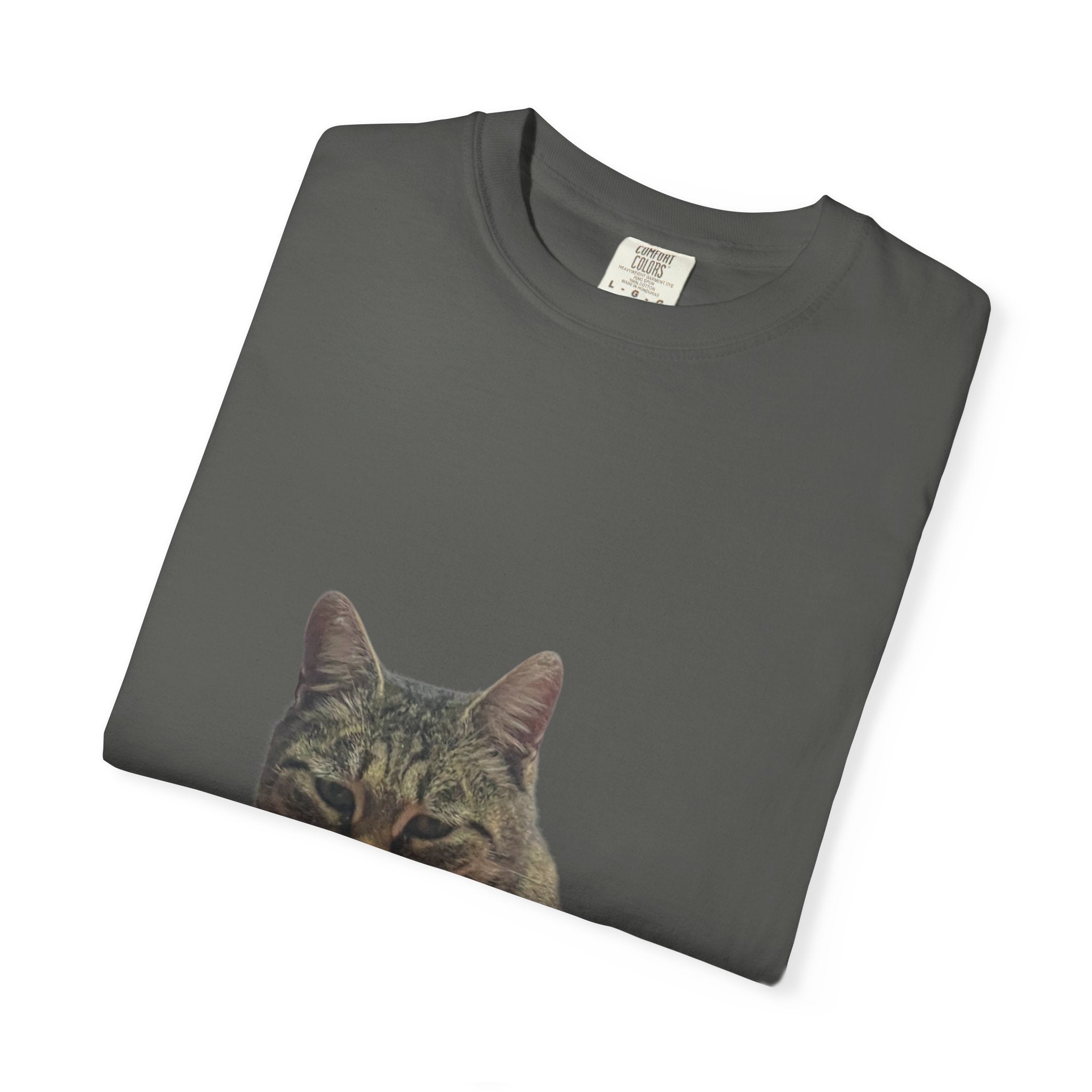 Folded dark gray t-shirt with a cat's face print on a white background