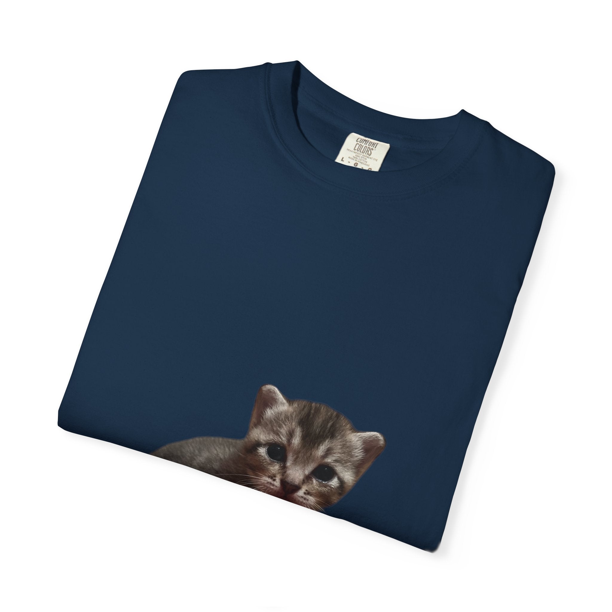 Navy blue t-shirt with a kitten print on a white background