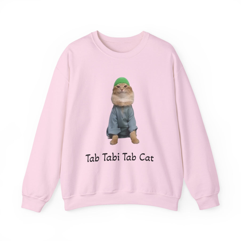 Pink sweatshirt with a cat graphic and text on a white background