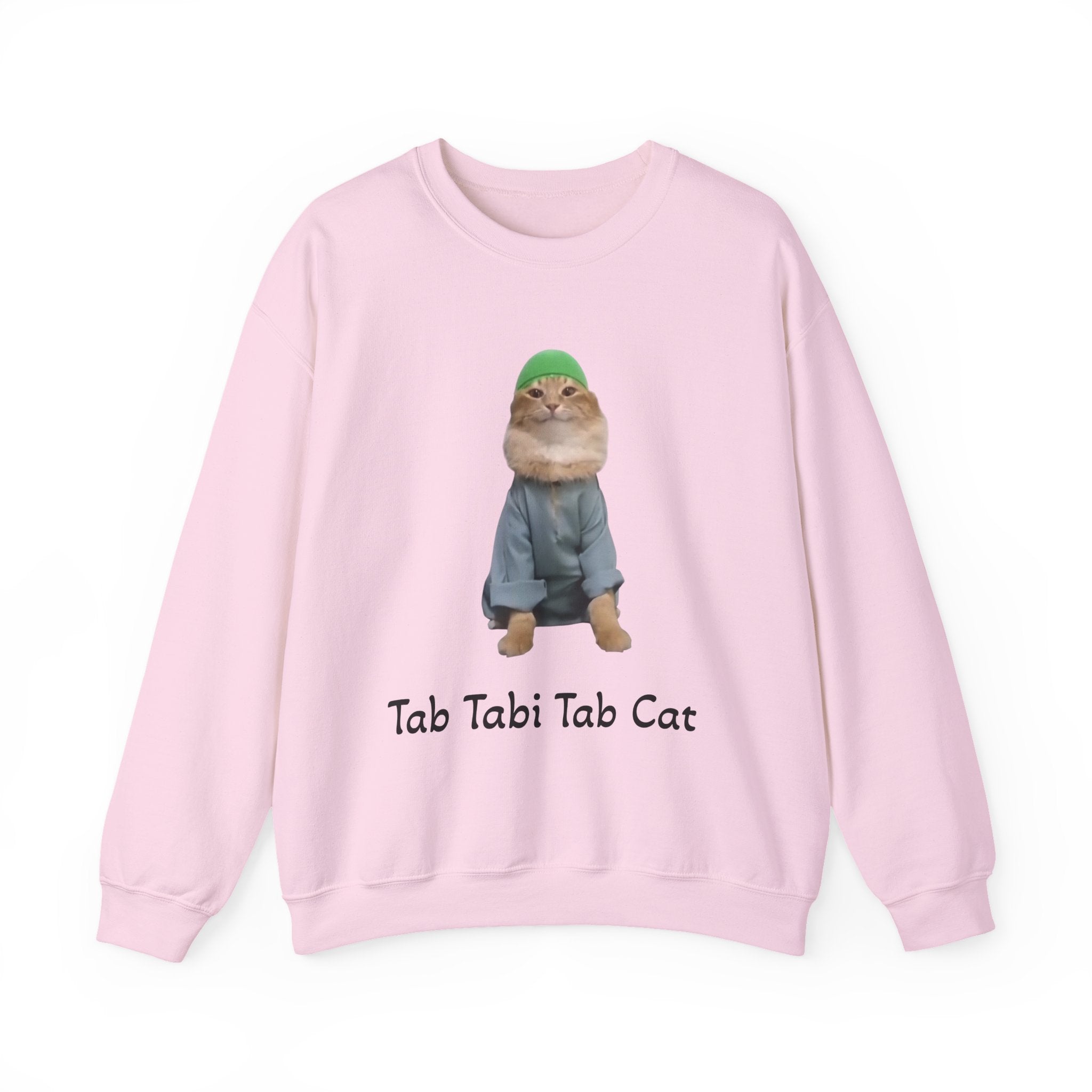 Pink sweatshirt with a cat graphic and text on a white background