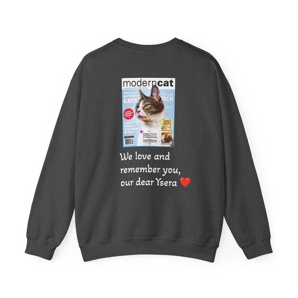 Dark gray sweatshirt with a printed design on the back featuring a cat and text.