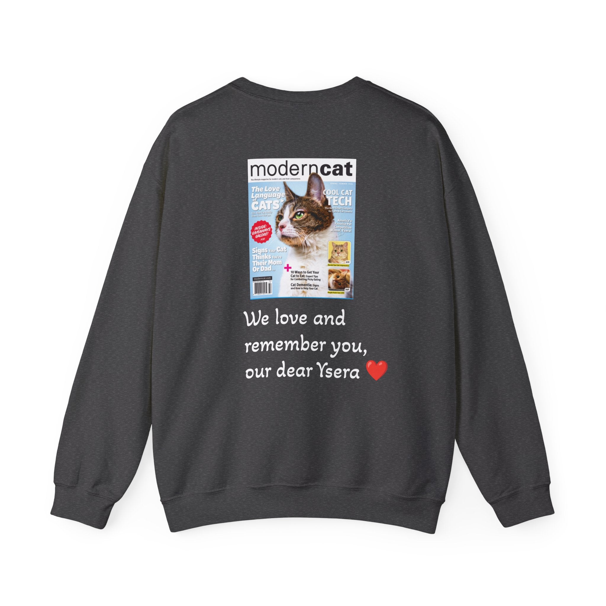 Dark gray sweatshirt with a printed design on the back featuring a cat and text.
