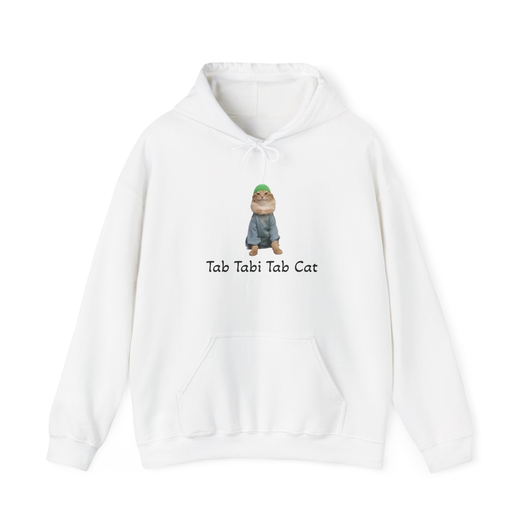 White hoodie with a cartoon character and text on a white background