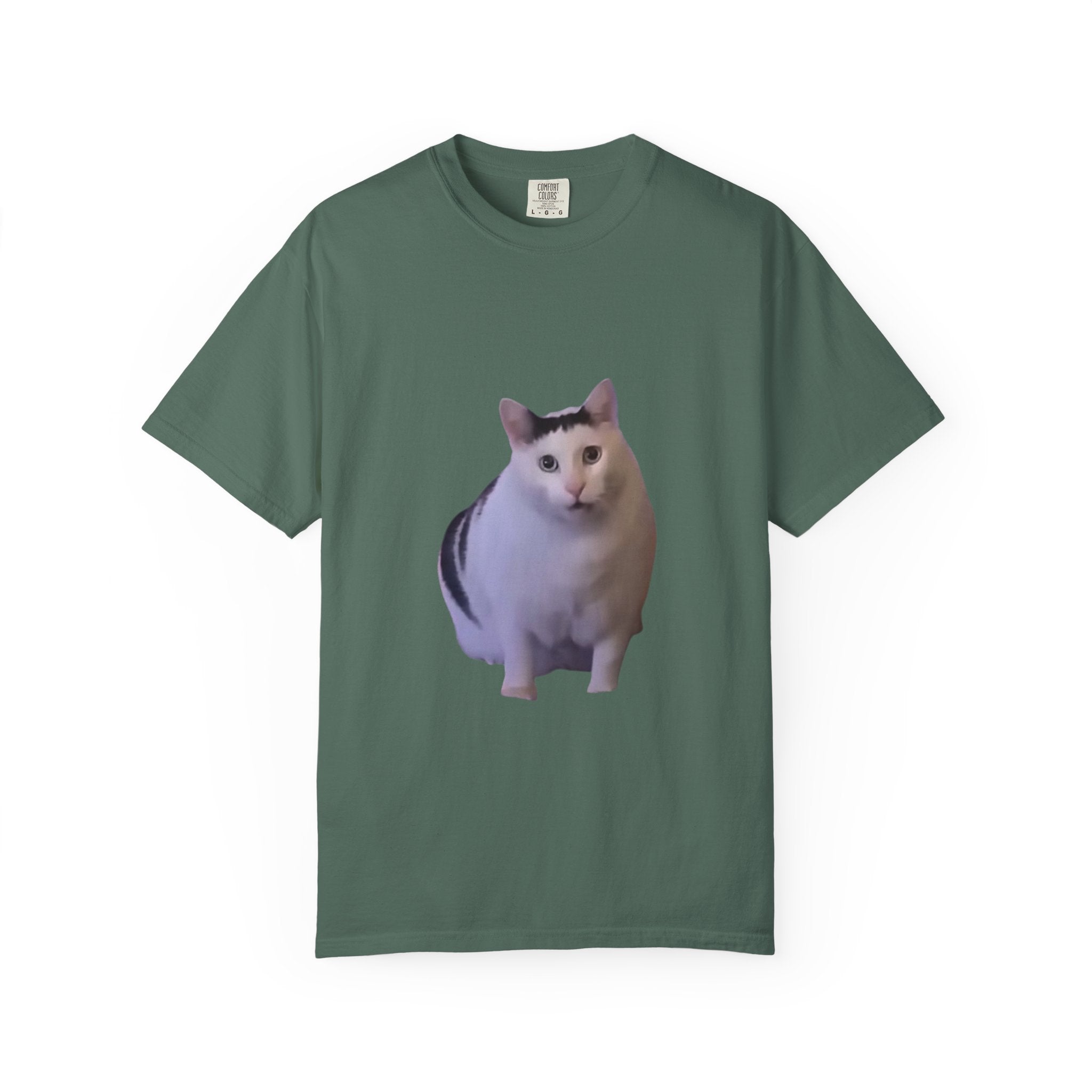 Green t-shirt with a cat graphic on a white background