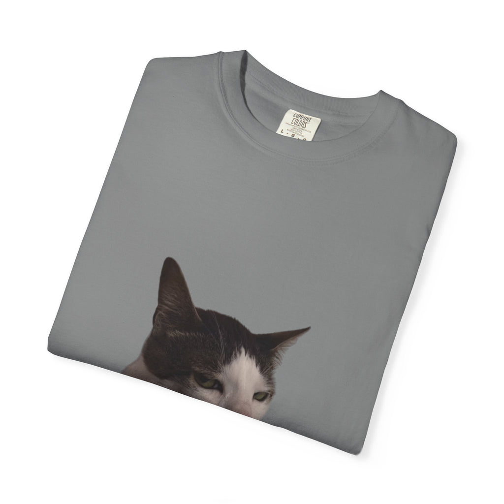 Folded gray t-shirt with a cat's face print on a white background