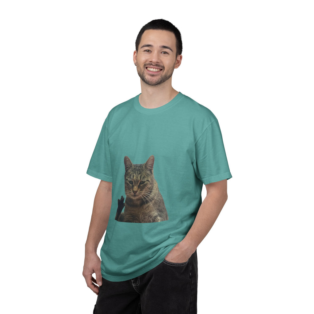 Man wearing a teal t-shirt with a cat graphic on a white background