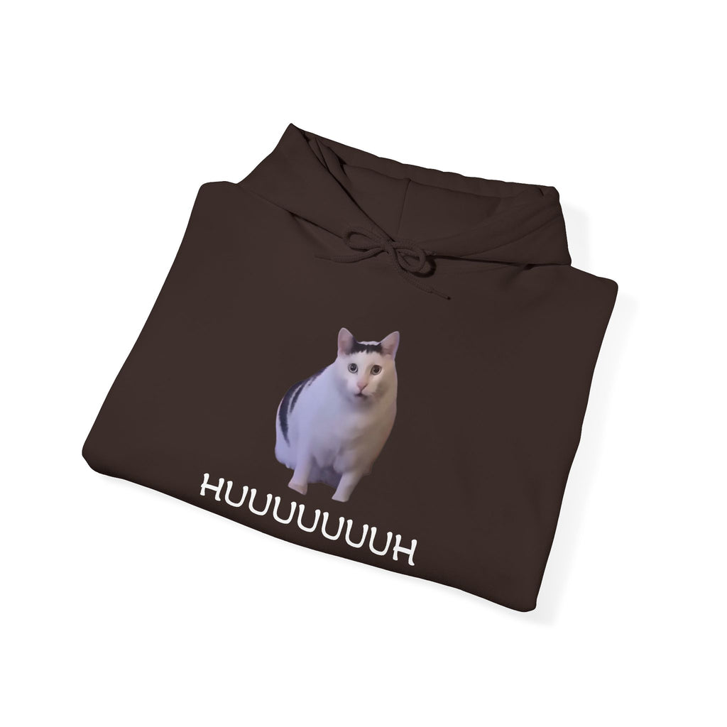 Folded brown hoodie with a white cat graphic and 'HUUUUUUH' text on a white background