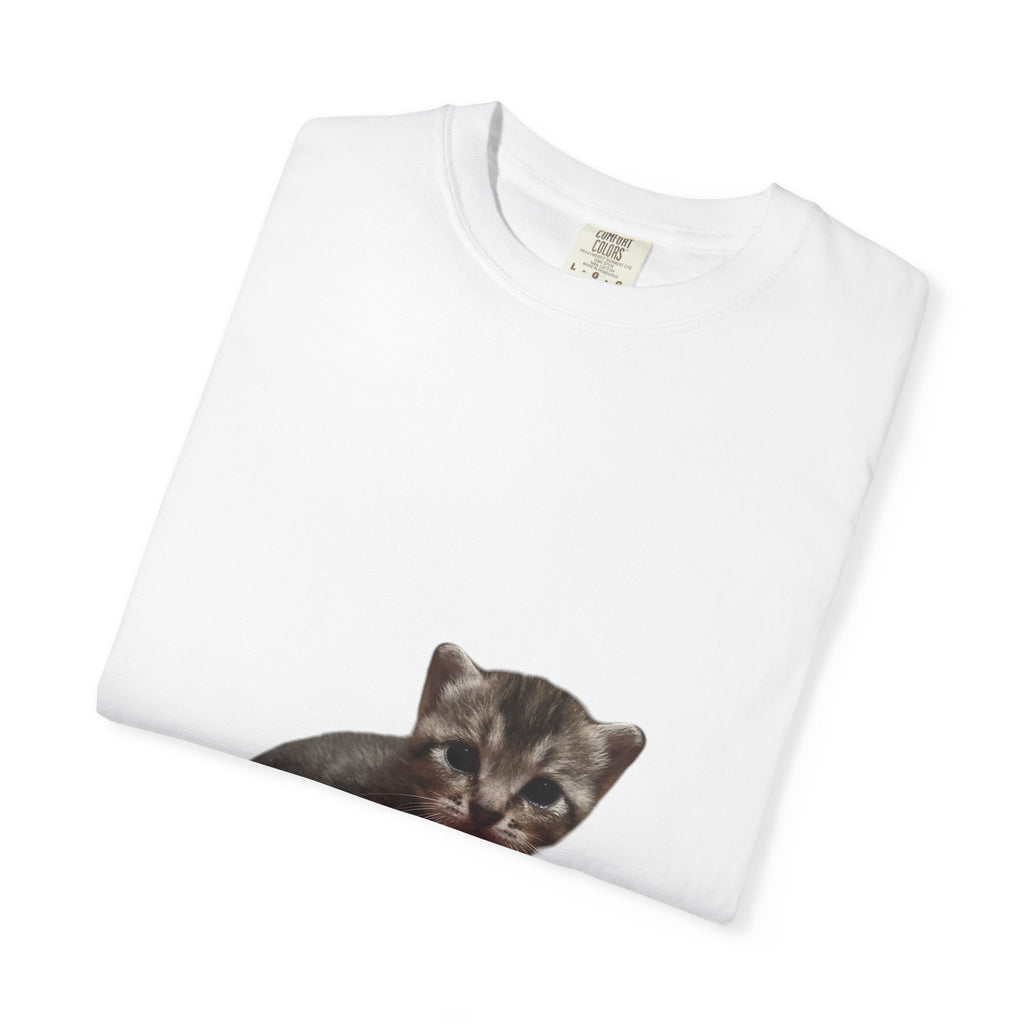 White t-shirt with a kitten print on a white background