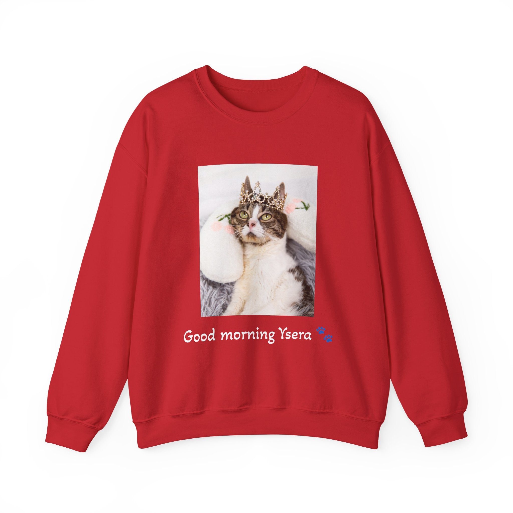 Red sweatshirt with a cat graphic and 'Good morning Ysera' text on a white background