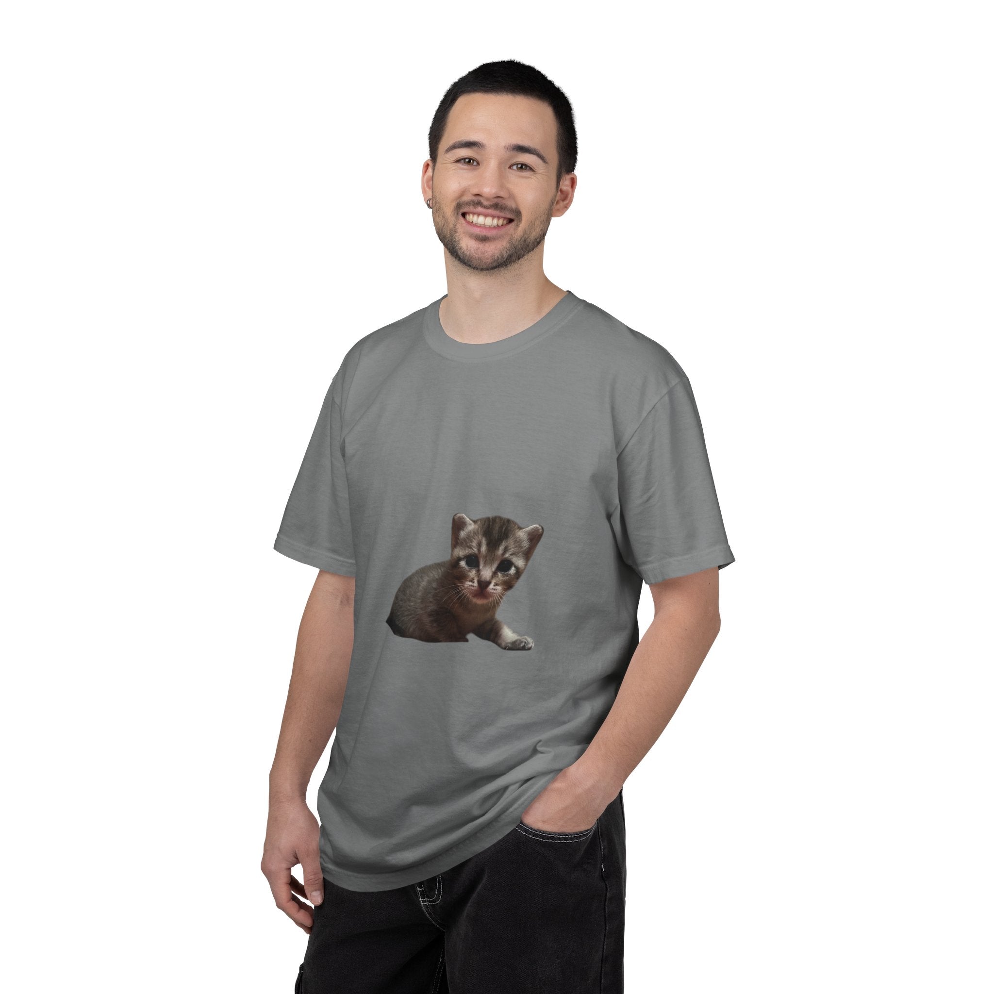Man wearing a gray t-shirt with a kitten graphic on a white background