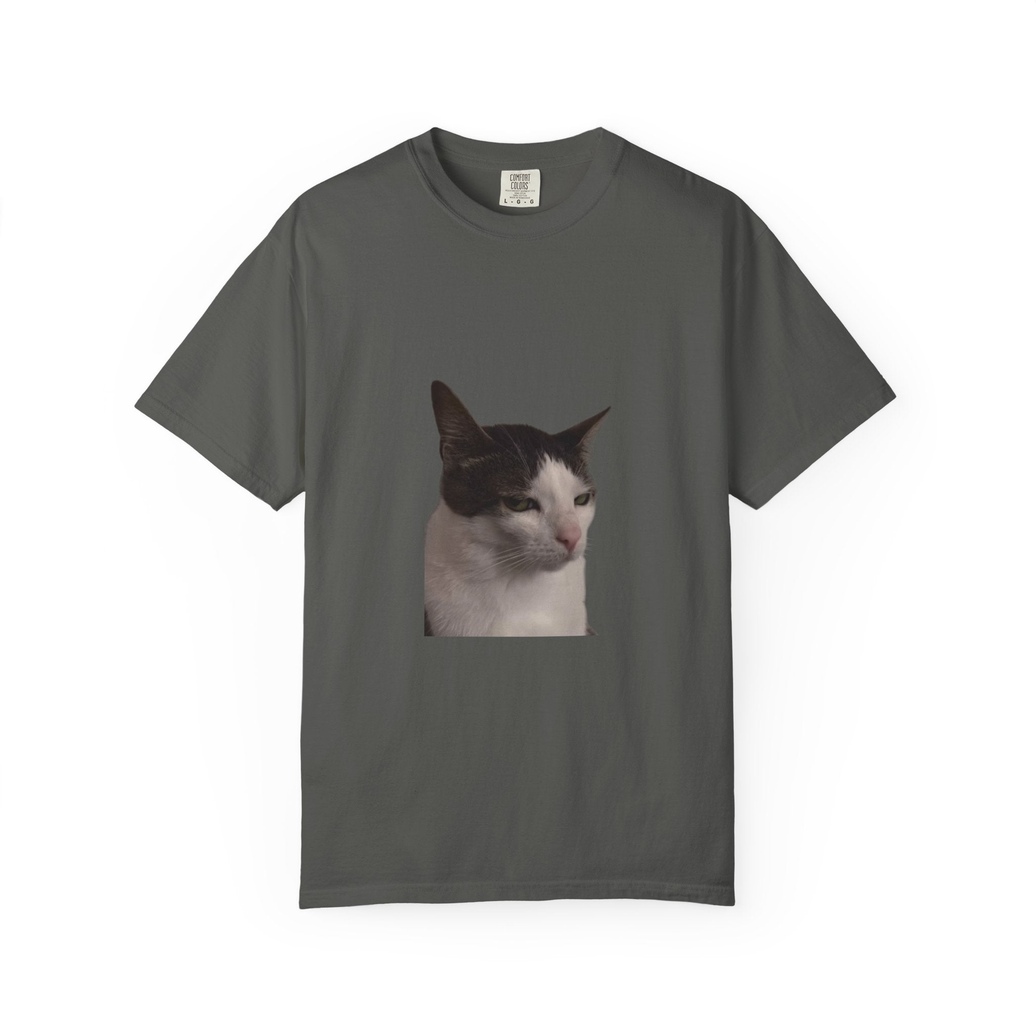 Gray t-shirt with a cat's face printed on it against a white background