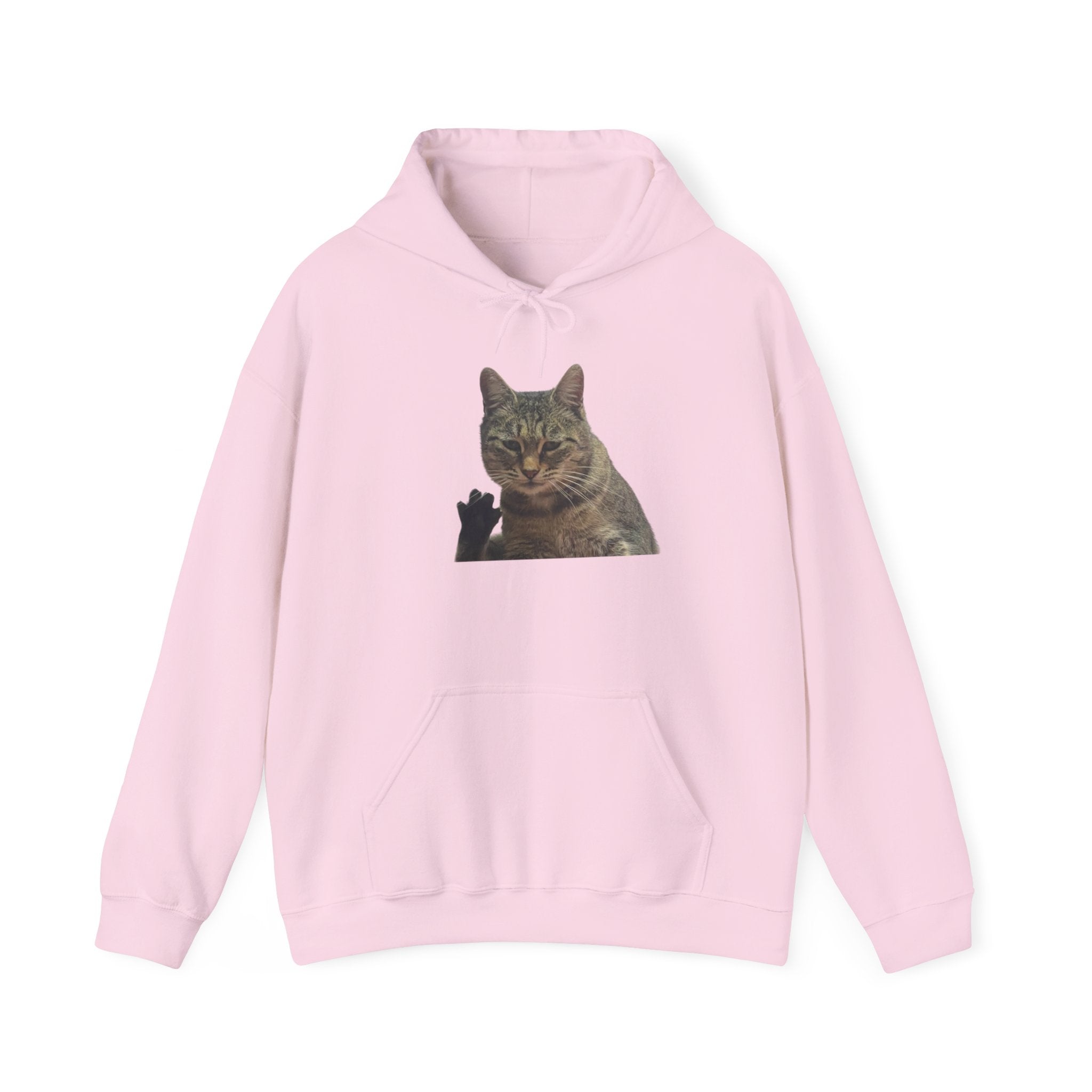 Pink hoodie with a cat graphic on a white background