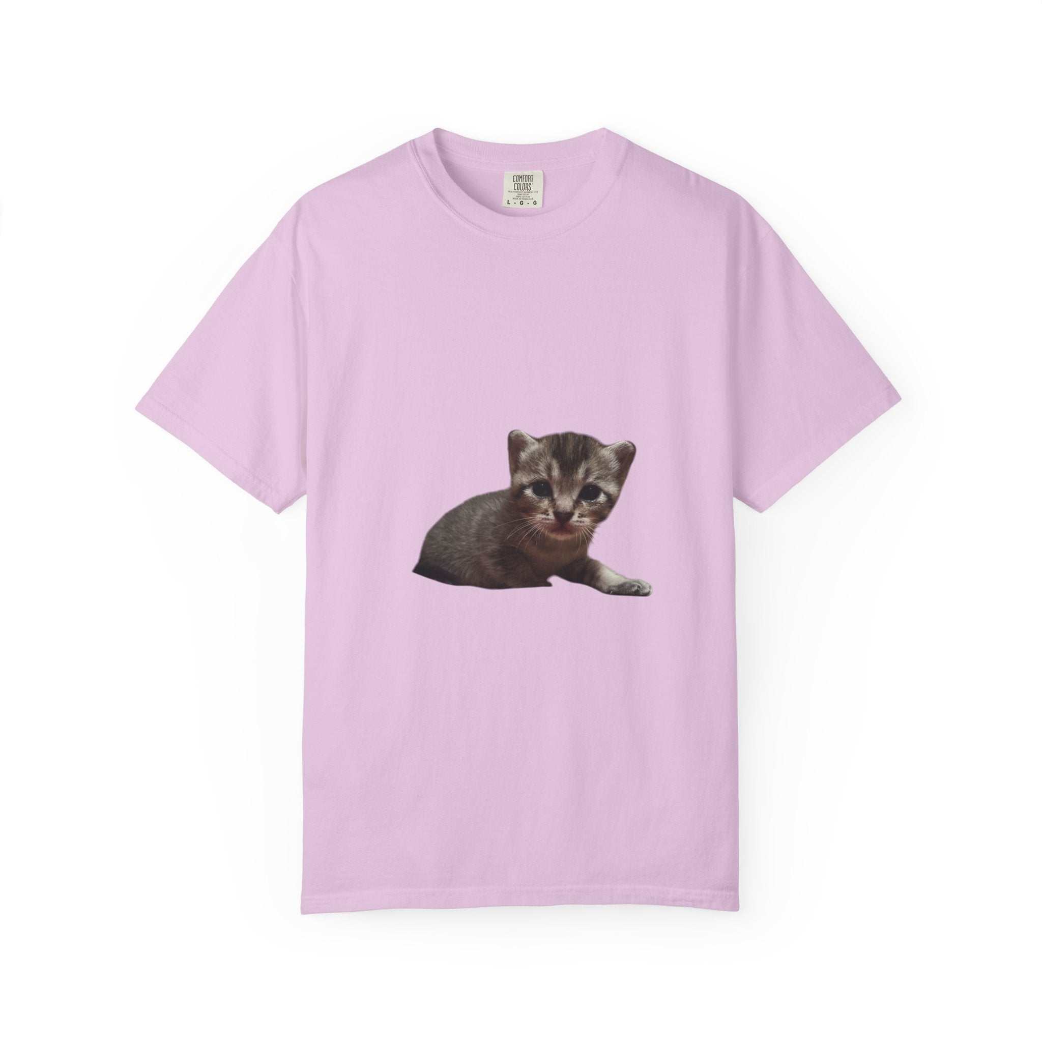Pink t-shirt with a kitten graphic on a white background