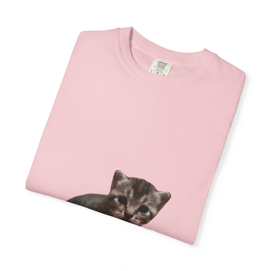 Pink t-shirt with a kitten print on a white background