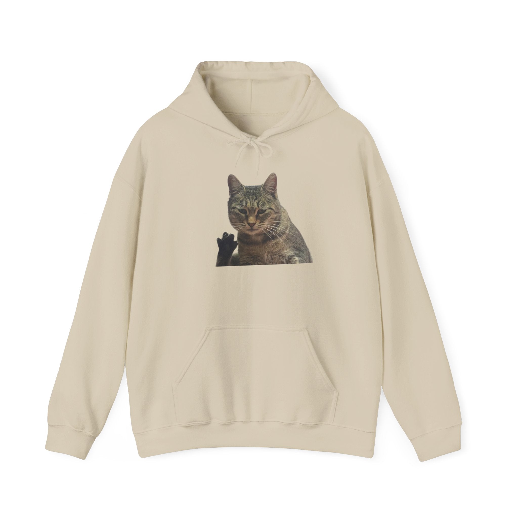 Beige hoodie with a cat graphic on a white background