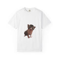 White t-shirt with a printed image of a kitten on a white background