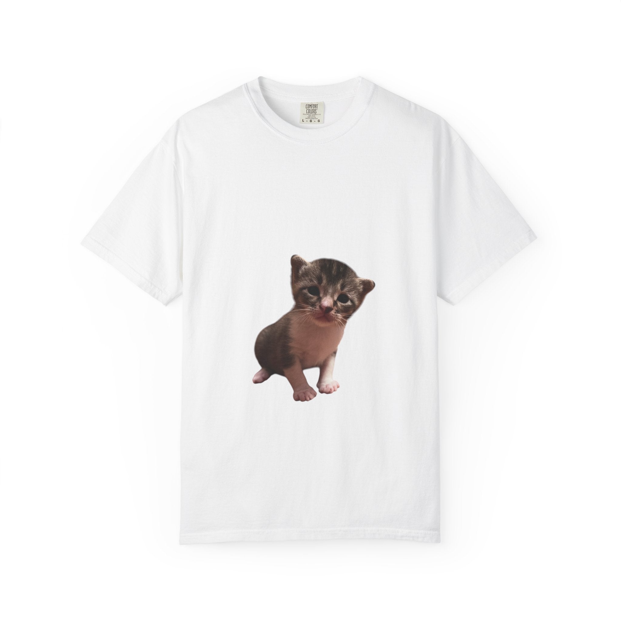 White t-shirt with a printed image of a kitten on a white background
