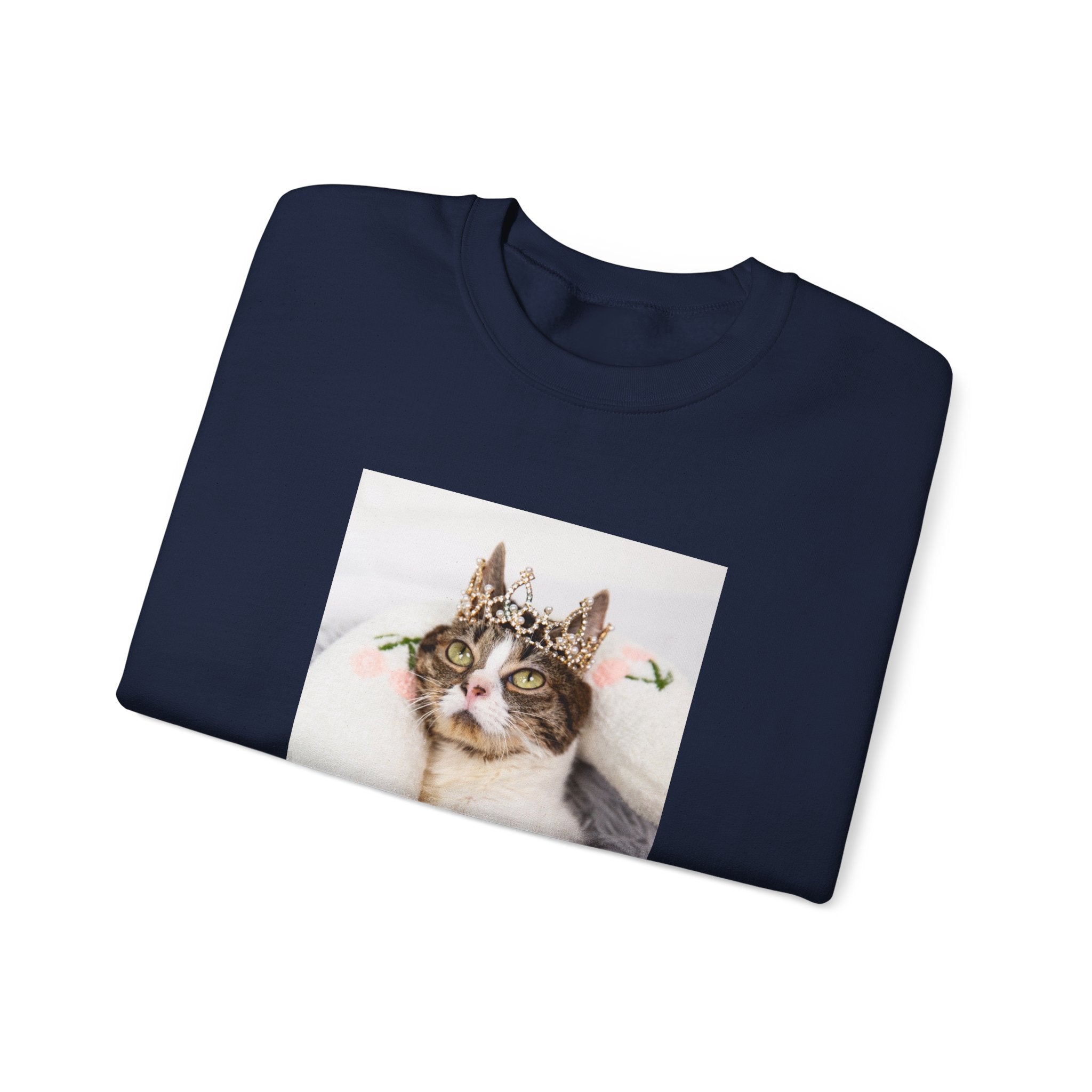 Navy blue sweatshirt with a cat wearing a crown on a white background