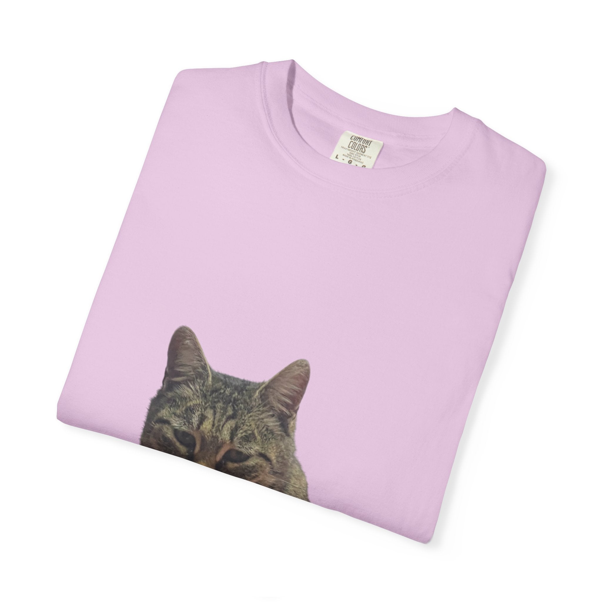 Folded light purple t-shirt with a cat face print on a white background
