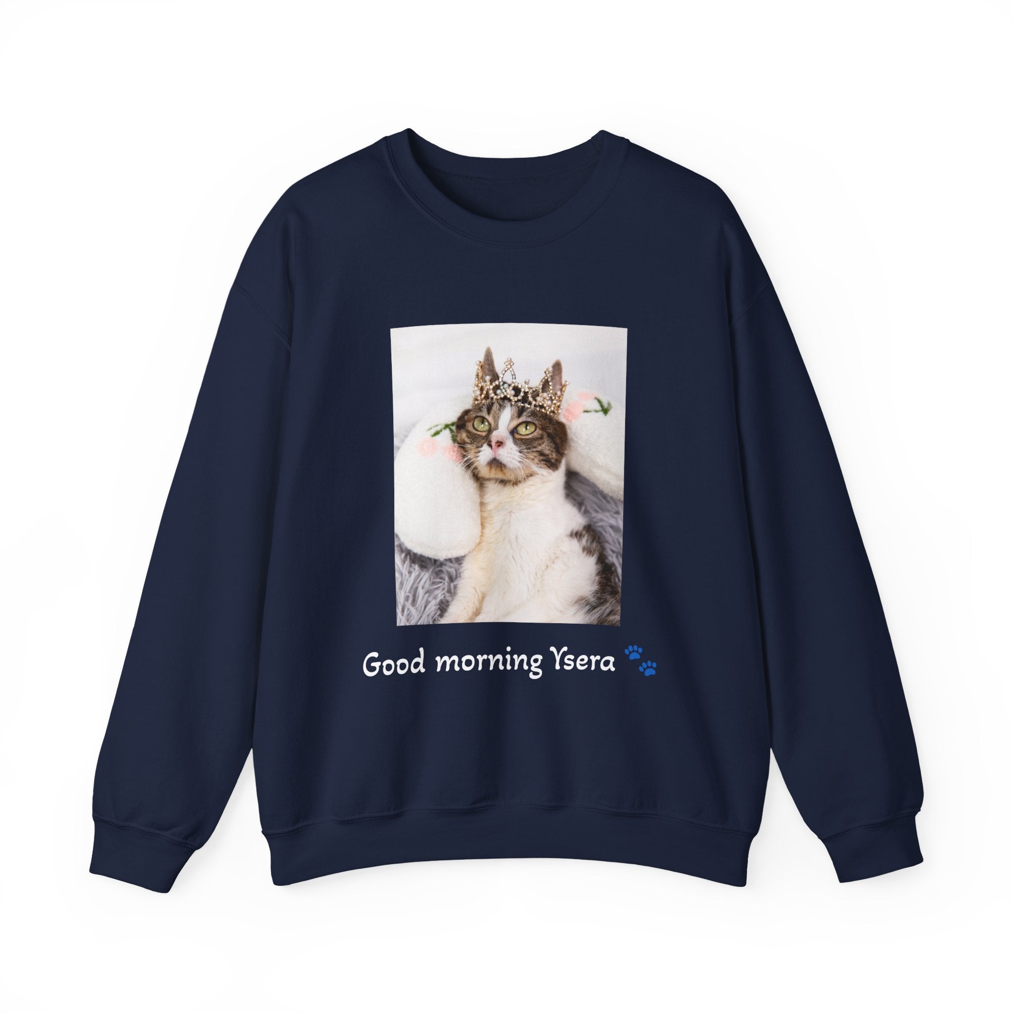 Navy blue sweatshirt with a cat graphic and text on a white background