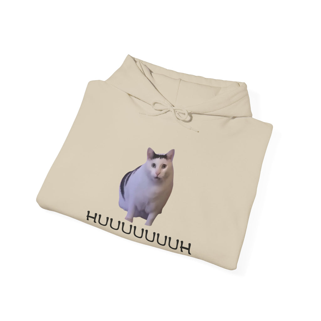 Beige hoodie with a cat graphic and text on a white background
