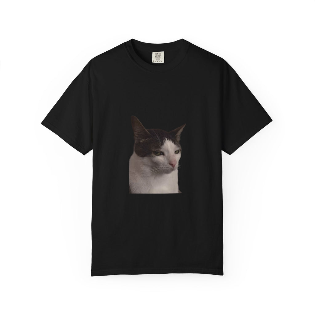 Black t-shirt with a cat's face printed on it against a white background