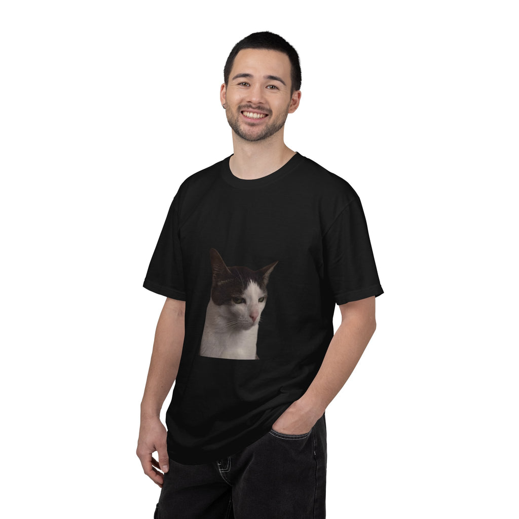 Man wearing a black t-shirt with a cat print on a white background