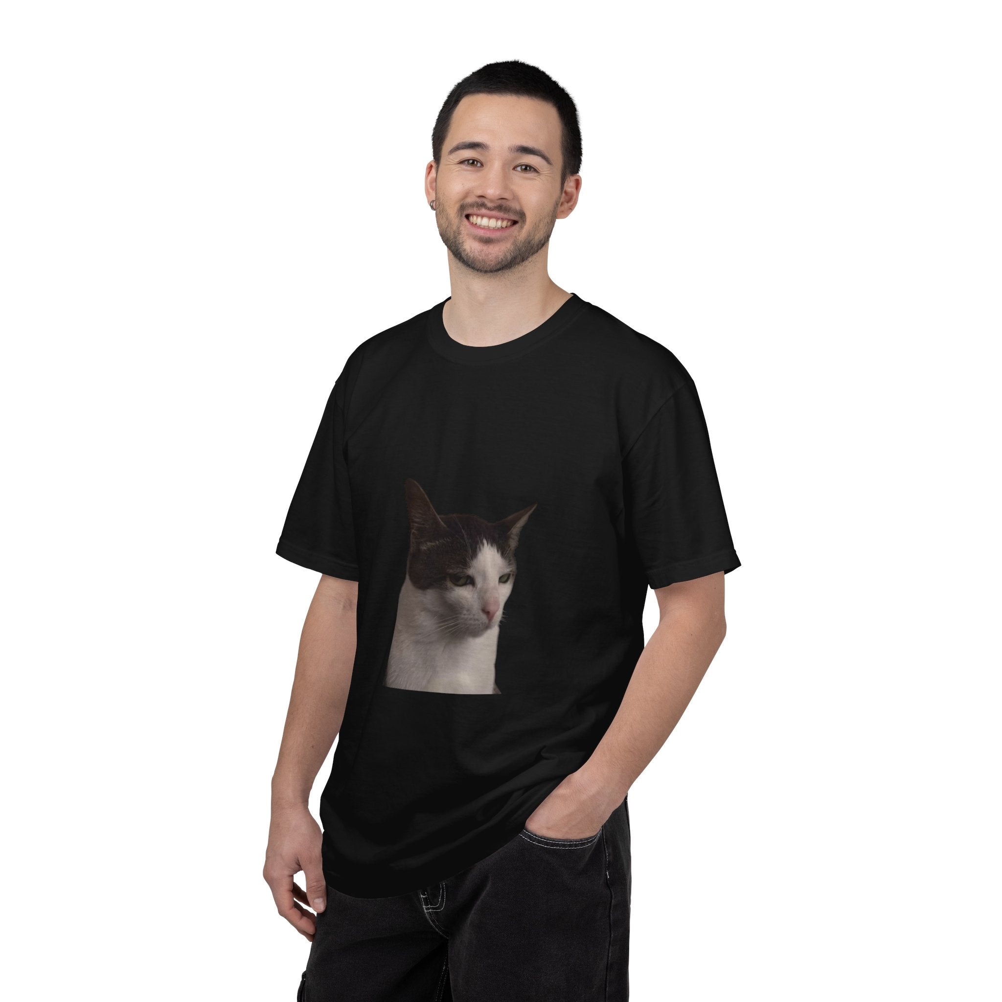 Man wearing a black t-shirt with a cat print on a white background
