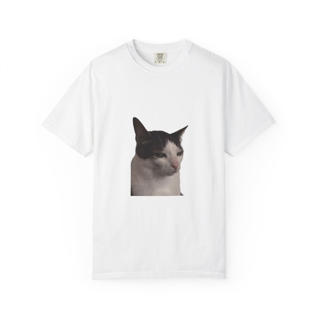 White t-shirt with a cat graphic on a white background
