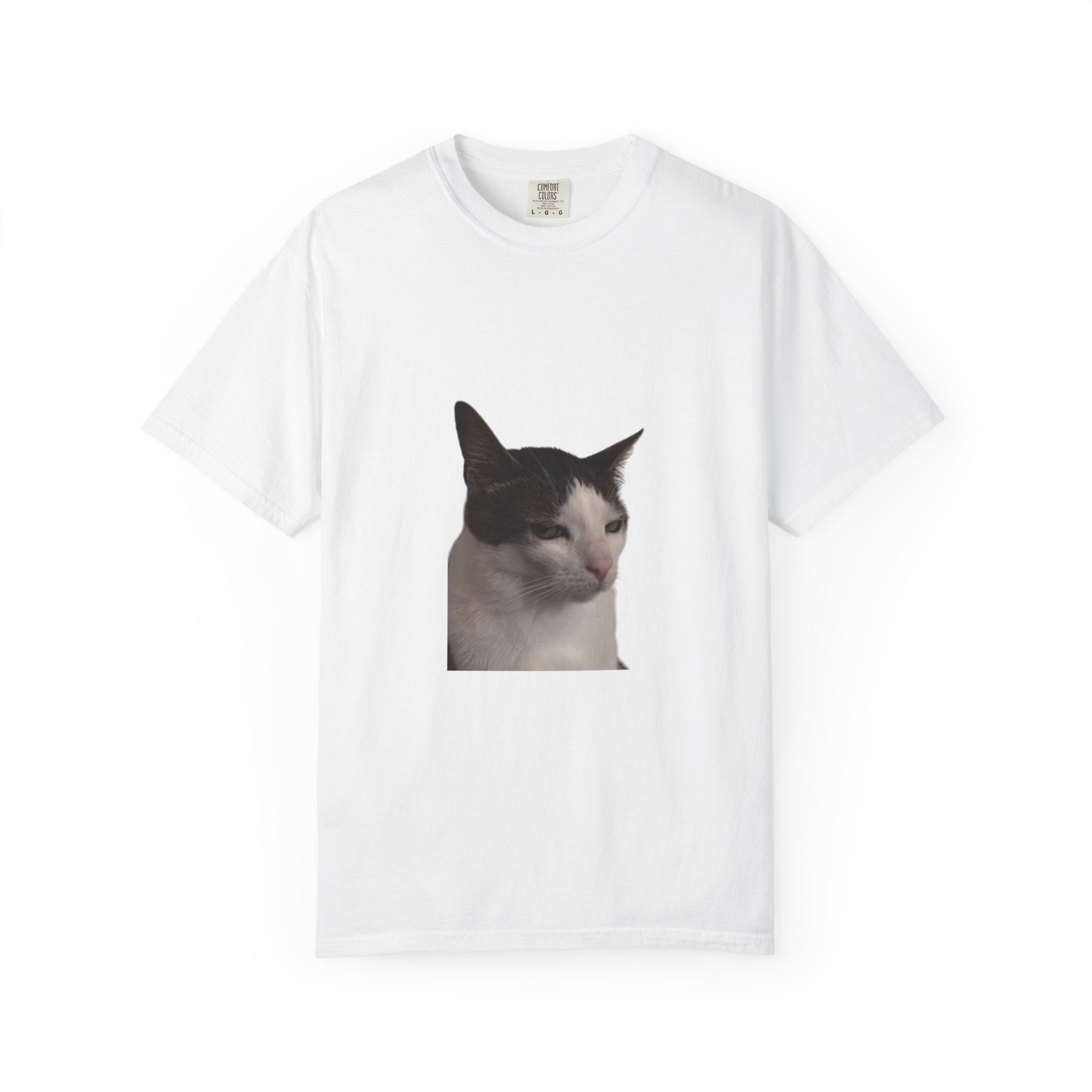 White t-shirt with a cat graphic on a white background