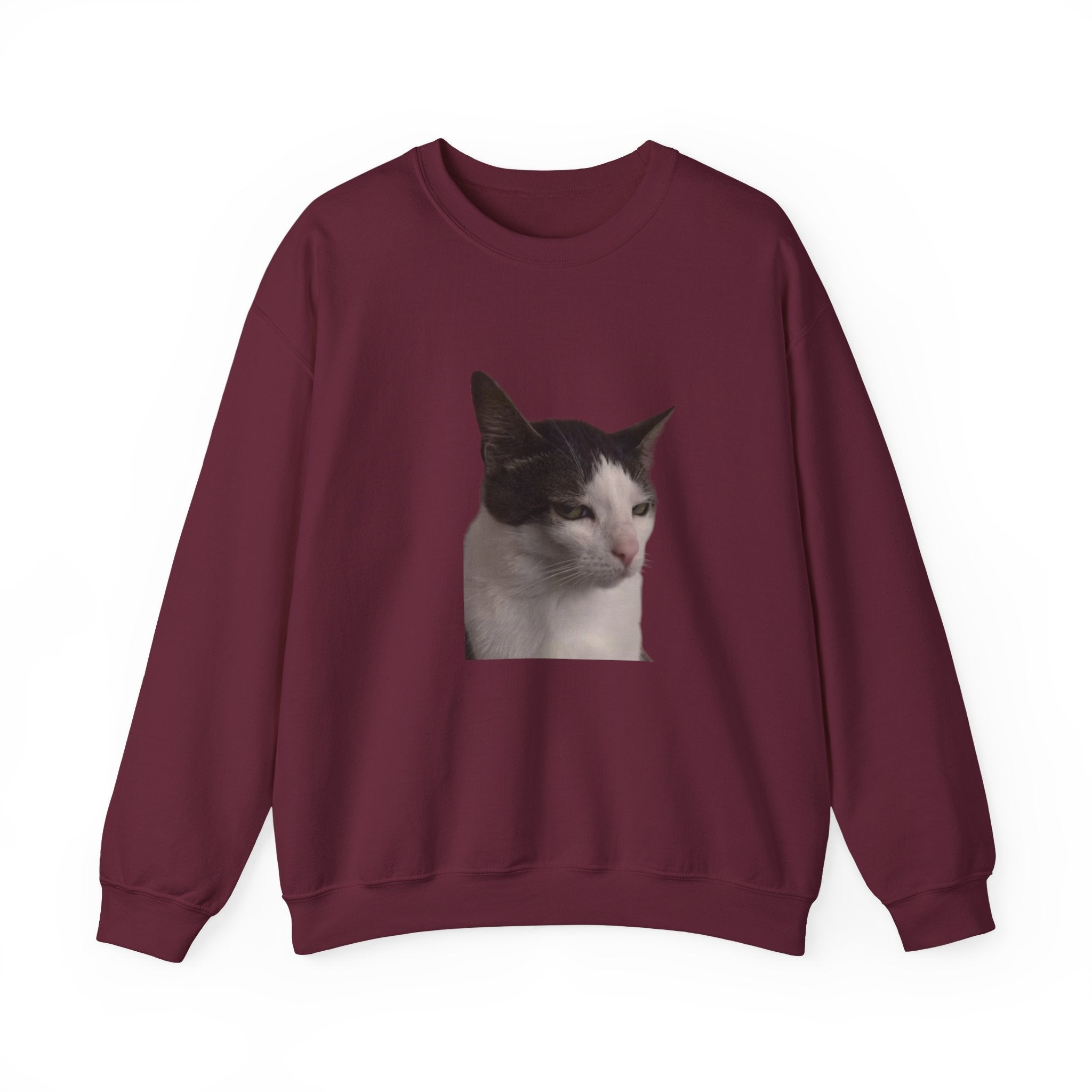 Maroon sweatshirt with a cat graphic on a white background
