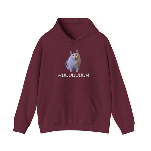 Maroon hoodie with a cat graphic and text on a white background