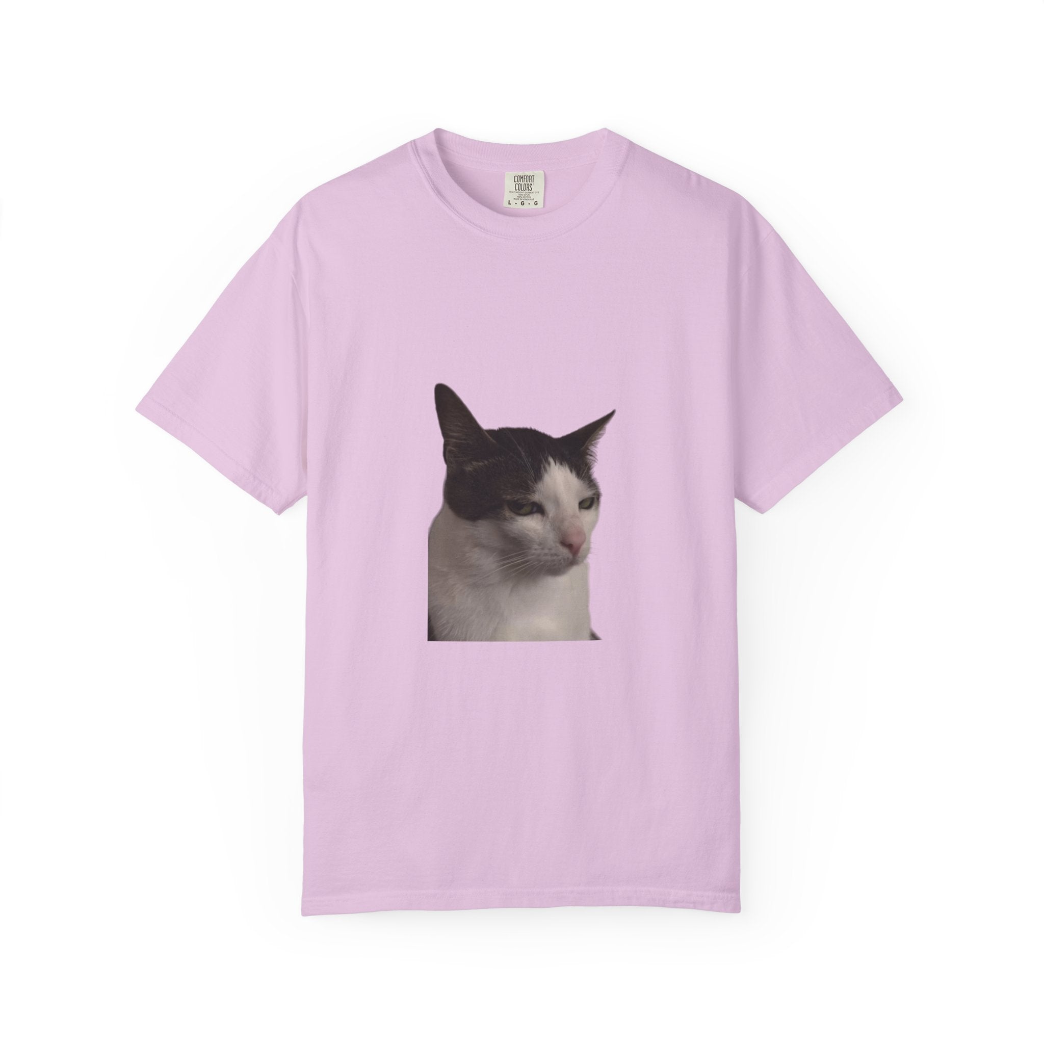 Pink t-shirt with a cat graphic on a white background