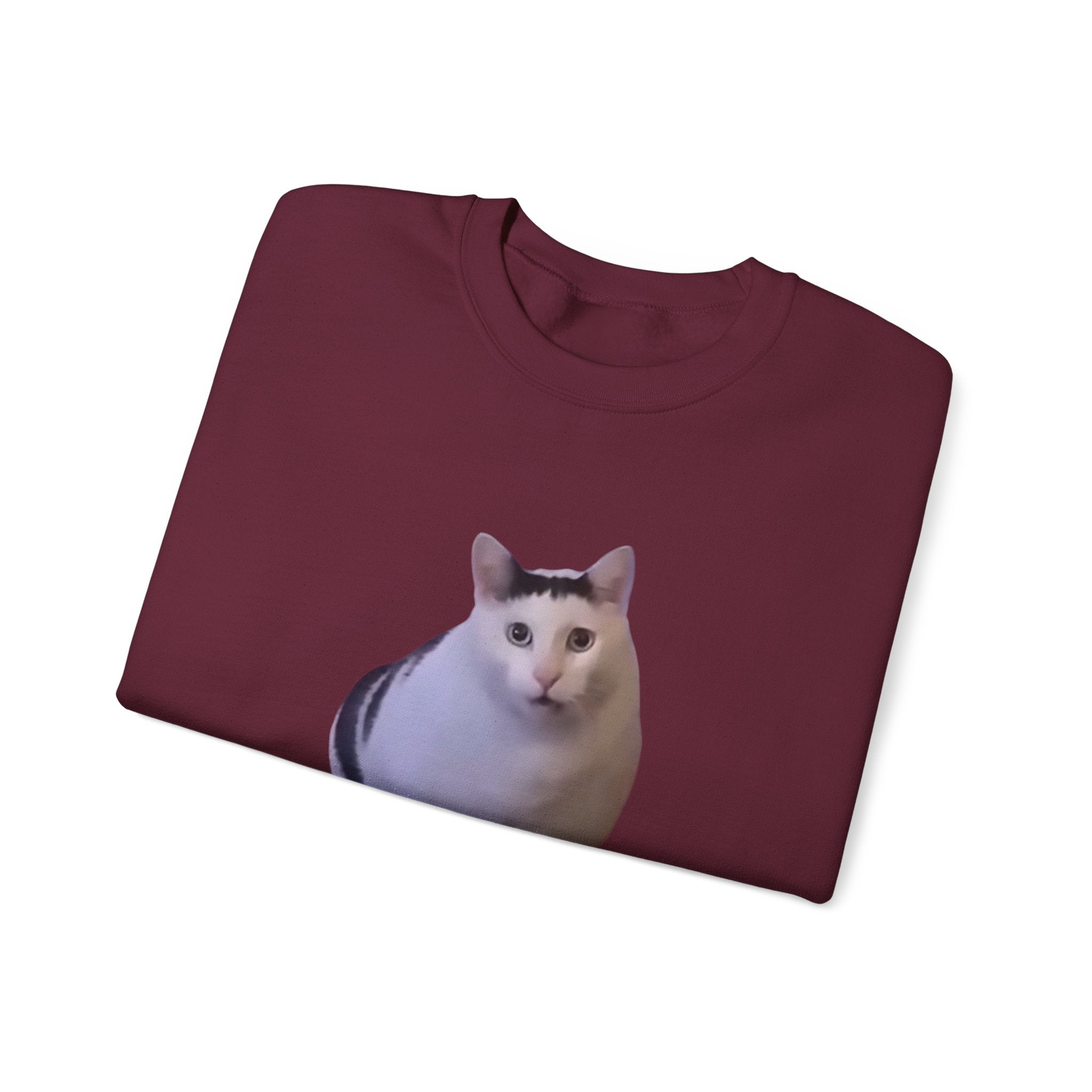 Folded maroon sweatshirt with a cat print on a white background