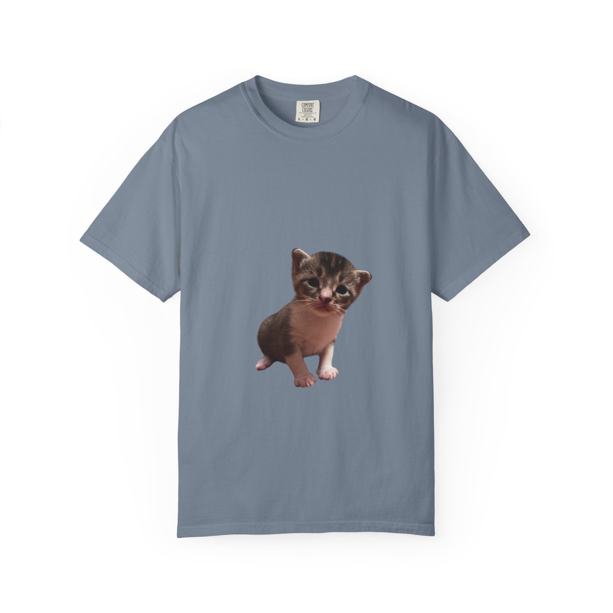 Gray t-shirt with a kitten graphic on a white background
