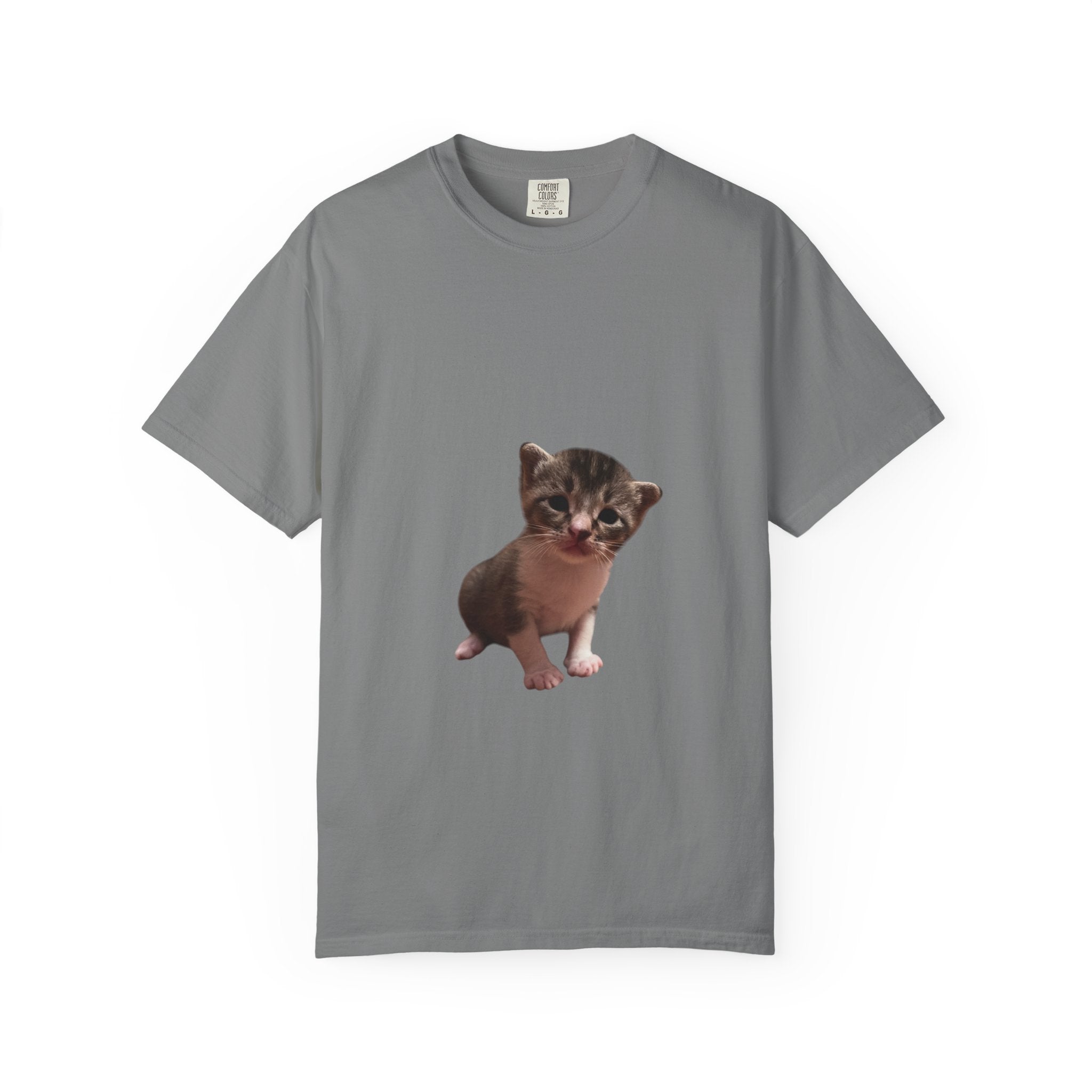 Gray t-shirt with a kitten graphic on a white background