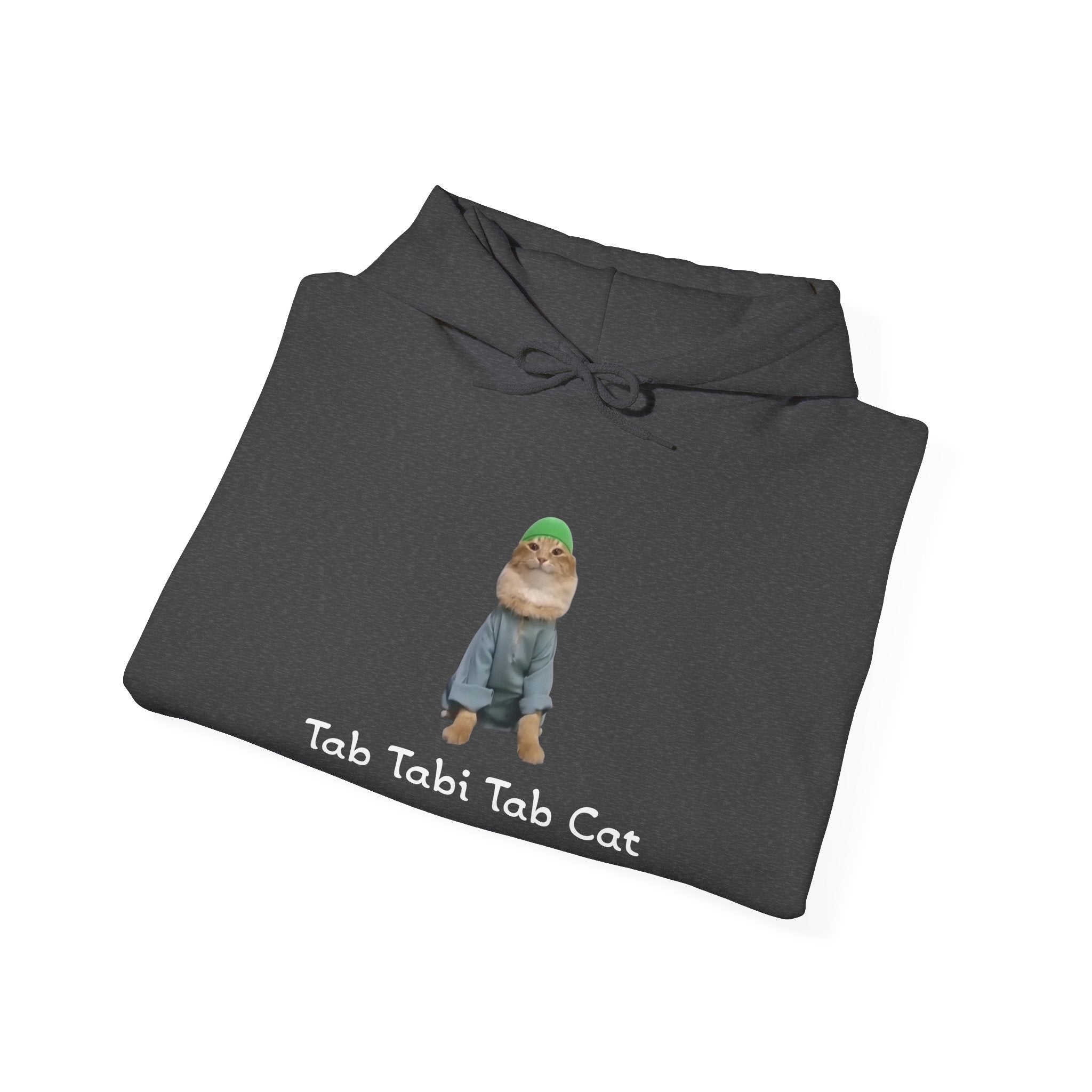 Folded dark gray hoodie with a cat graphic and text on a white background