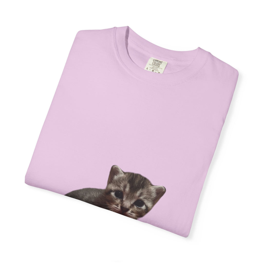 Folded light purple t-shirt with a raccoon graphic on a white background