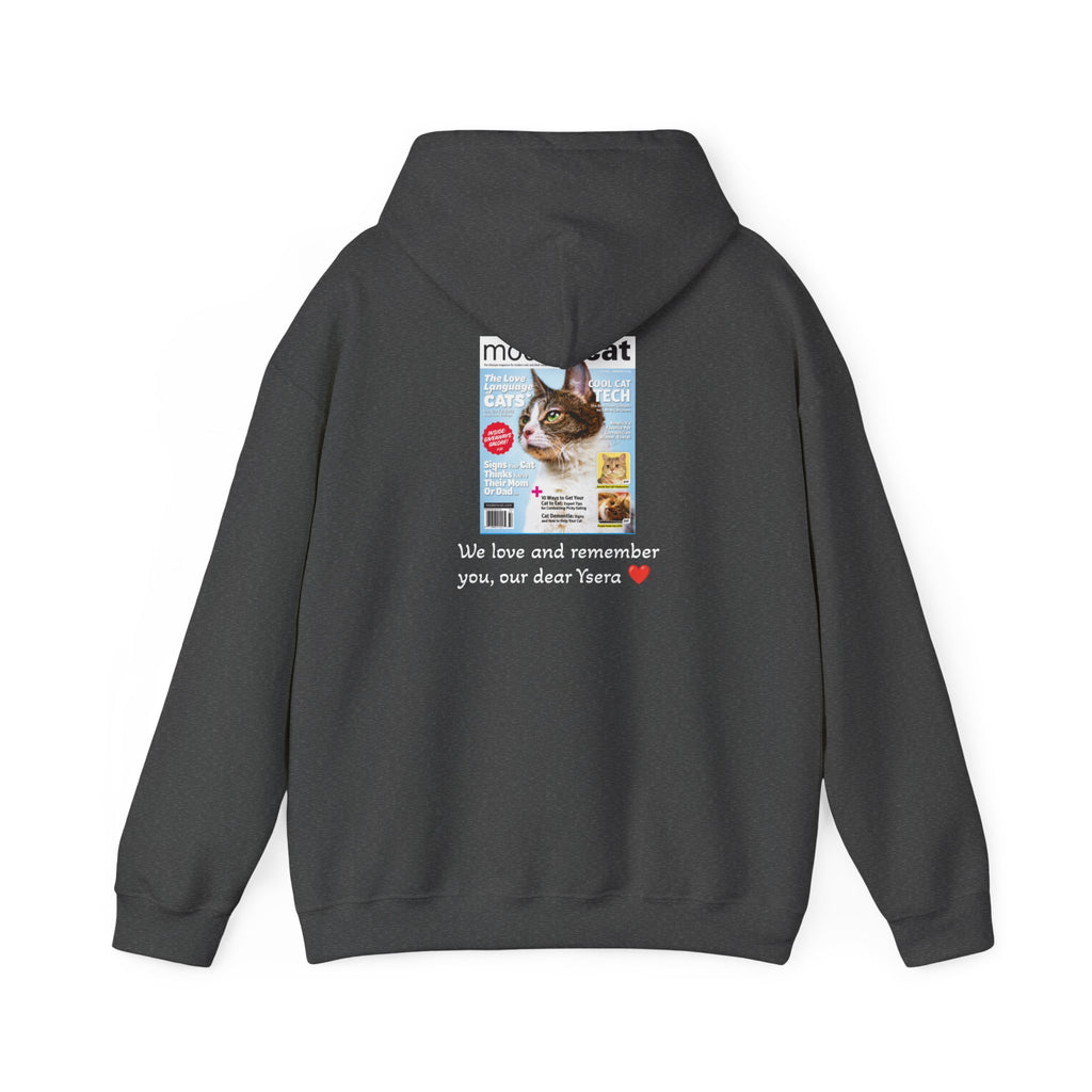 Dark gray hoodie with a printed design on the back featuring a cat and text.